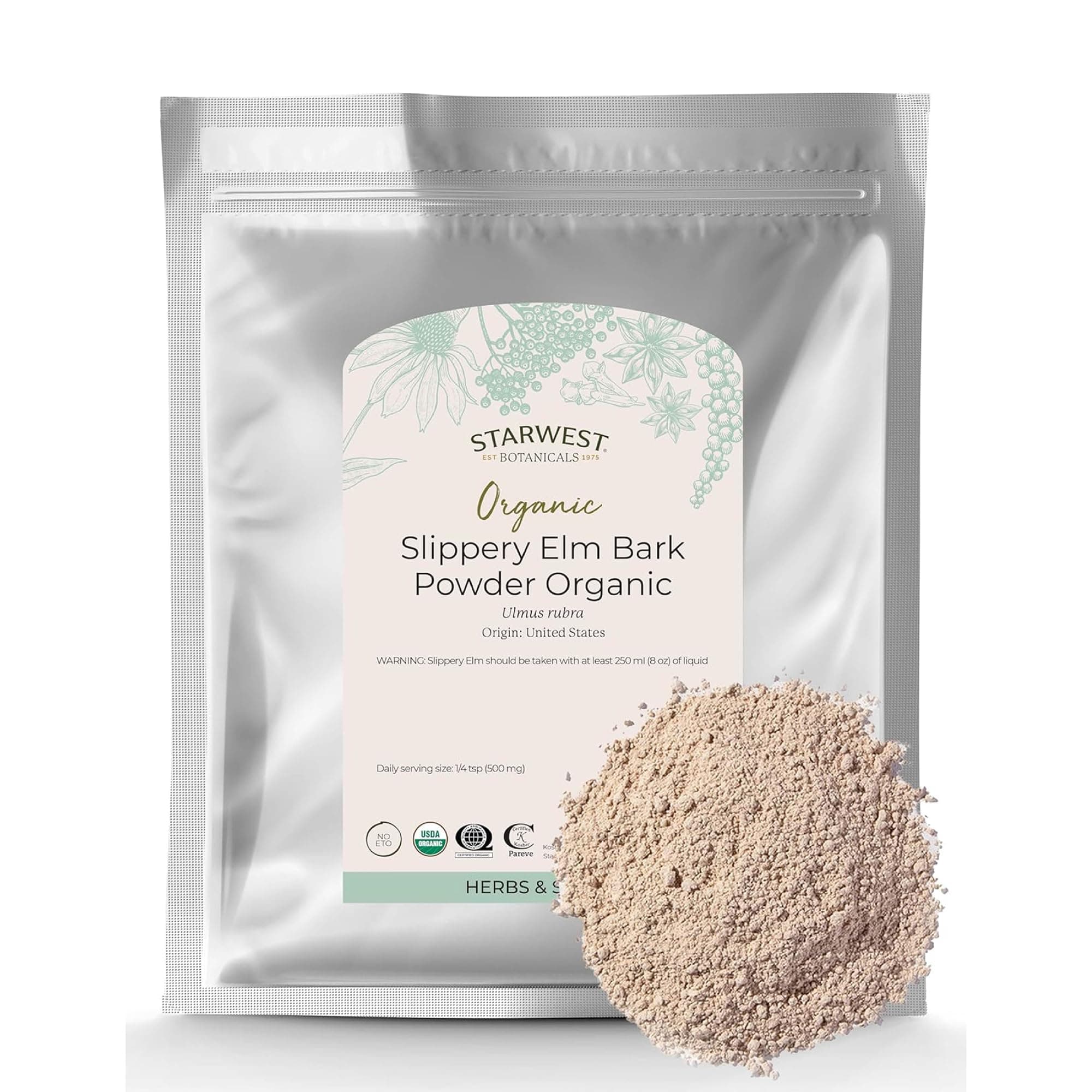 Starwest Botanicals Organic Slippery Elm Bark Powder - Traditional Herb for Tea & Recipes, Enjoy with Milk & Sweetener, Certified Kosher, Non-GMO - Bulk 1 lb Bag