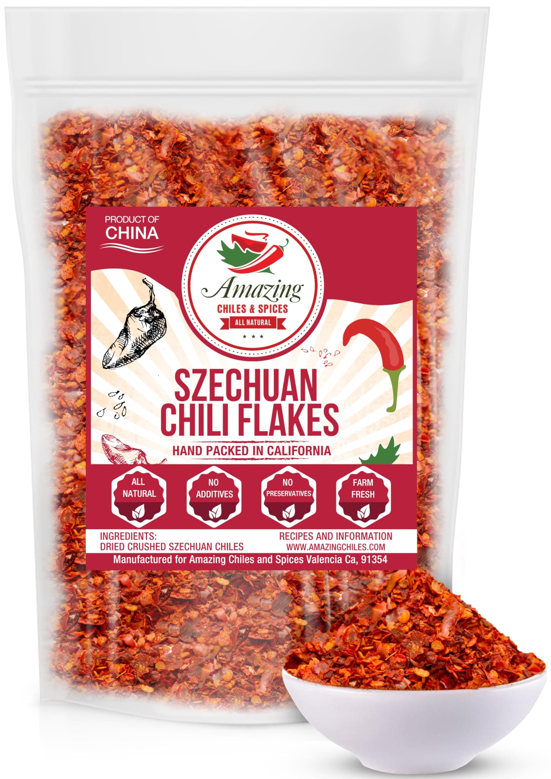 Sichuan Chili Flakes, 8 oz - Traditional Red Pepper Spices and Szechuan Seasoning for Thai, Korean, Mexican, and Asian Dishes, Authentic Medium Hot Flavor for Kimchi, Pizza, Tacos, or Oils by Amazing Chiles and Spices