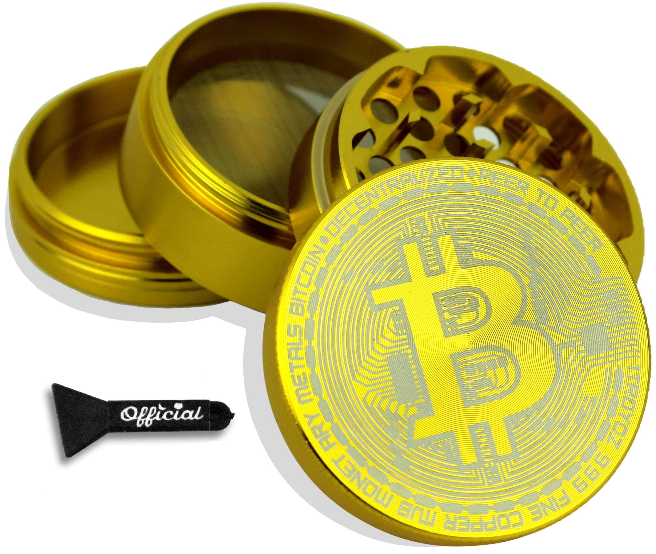 Bitcoin Herb Grinder - Non Stick Multi Hole Design - 4 Piece Bitcoin Themed Herb & Spice Grinder With BONUS Scraper Tool - Cryptocurrency Gifts, 2.3 Inches