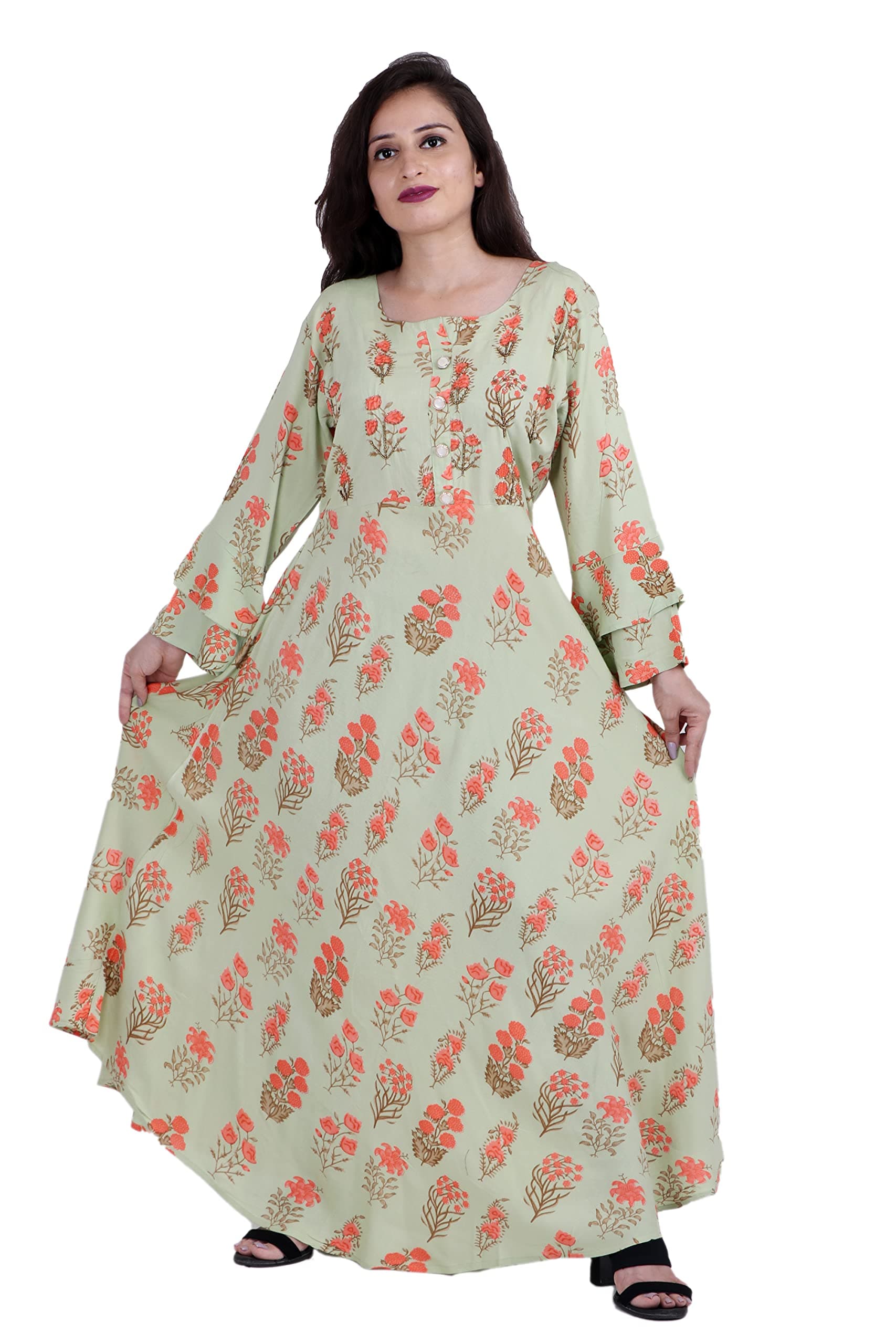 Uni-Top Rayon Fabric Women's Printed Floral Flared Kurti(Green) (UT-7_XXL)