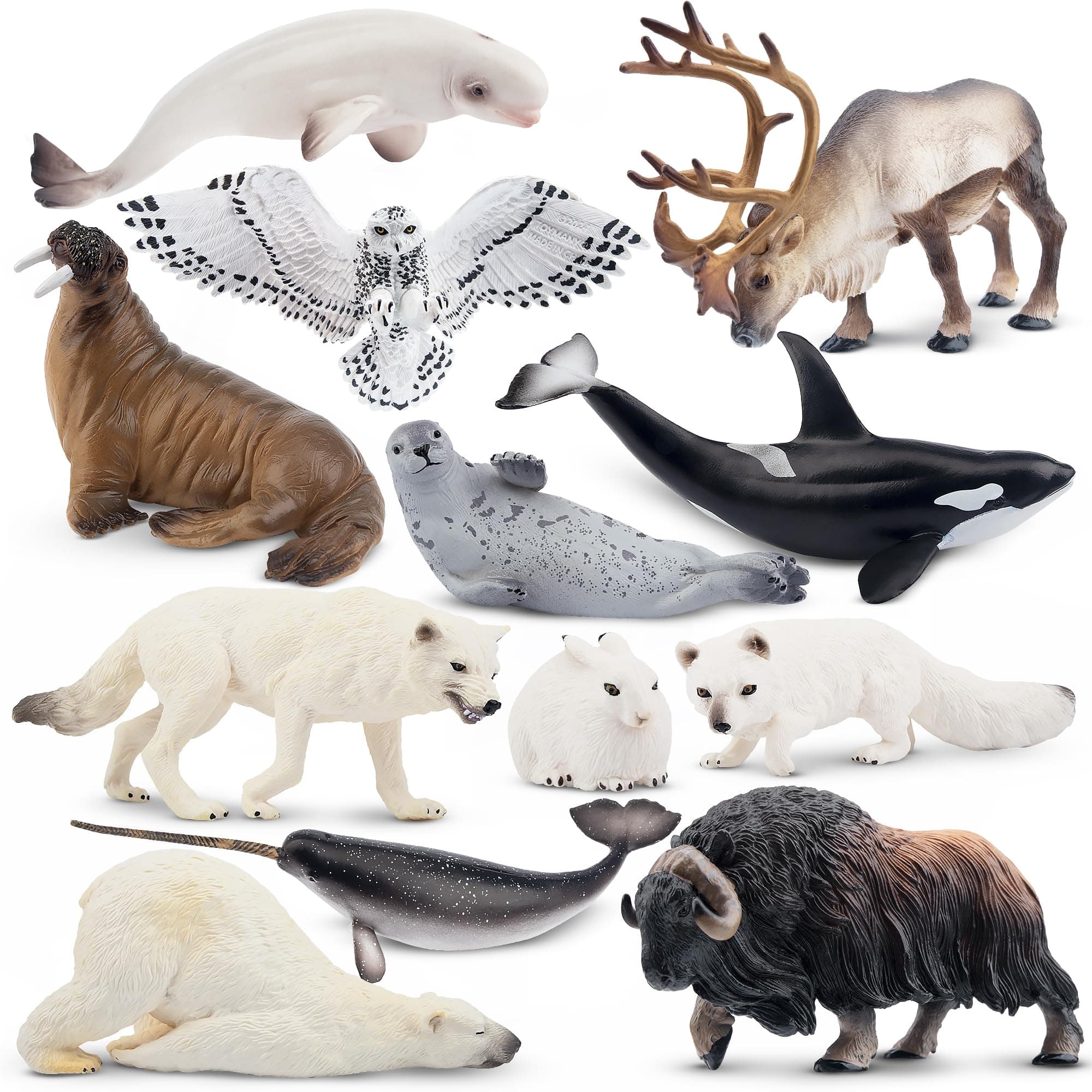 Toymany 10PCS 4-7" Realistic Polar Animal Figurines, Plastic Arctic Animal Toy Set Includes Polar Bear,Caribou,Whales,Walrus, Cake Toppers Christmas Birthday Toys Gift for Kids Toddlers