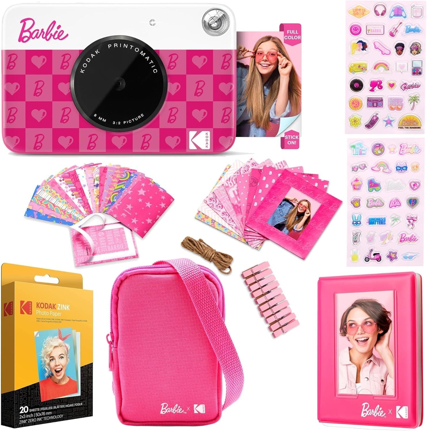 x Barbie Printomatic Full-Color Instant Print Digital Camera Barbie Gift Bundle (Iconic Style)+ Barbie Camera Case, Photo Album, Sticker & Hanging Frames, 50 Stickers + Zink Paper (20 Sheets)