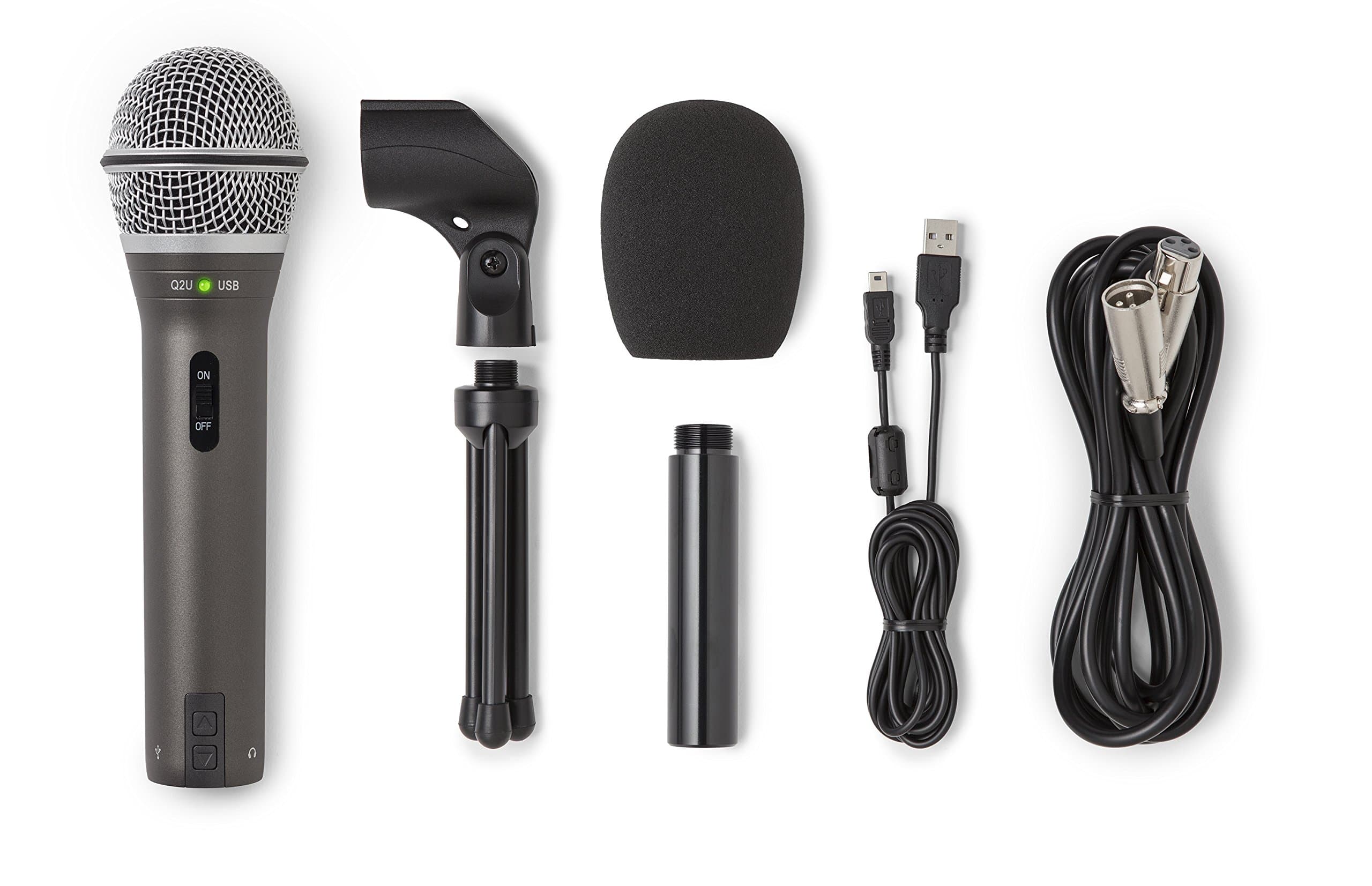SAMSON Q2U Recording and Podcasting Pack - USB/XLR Dynamic Microphone with Accessories (Includes Mic Clip, Desktop Stand, Windscreen and Cables), 16-bit, 44.1kHz/48kHz, Silver