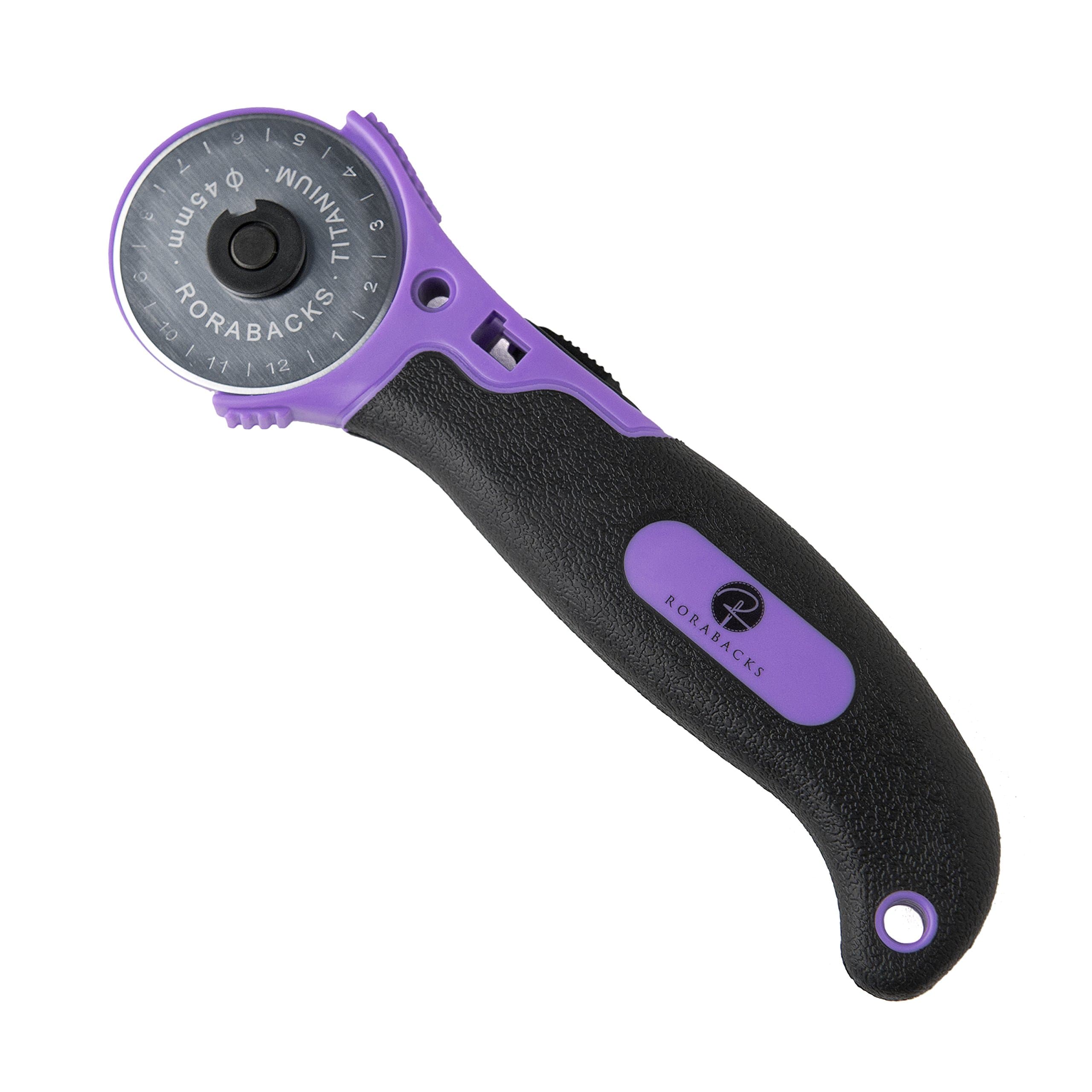 RORABACKS Premium 45mm Rotary Fabric Cutter For Quilting- Pleasantly Purple Ergonomic Handle with Razor Sharp Titanium Blade For Use with Cutting Mats and Quilting Rulers