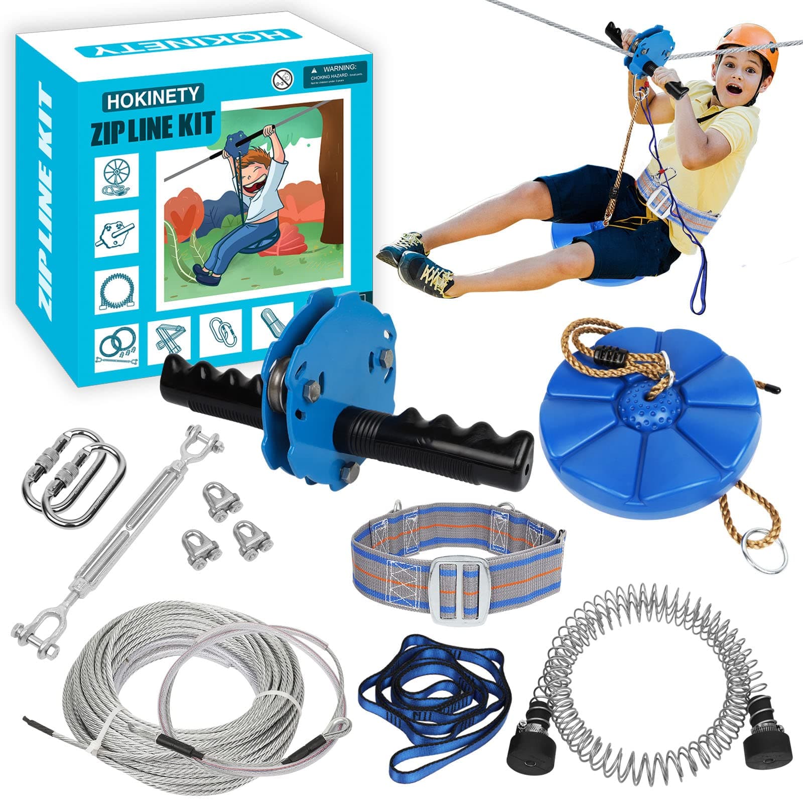 Hokinety Zip Line Kits For Backyard 120Ft-Zip Lines For Kids & Adult Up To 330 Lb With Ziplines Spring Brake & Belt & Zip Line Trolley & Seat For Outdoor Playground Entertainment Equipmen-Multicolor