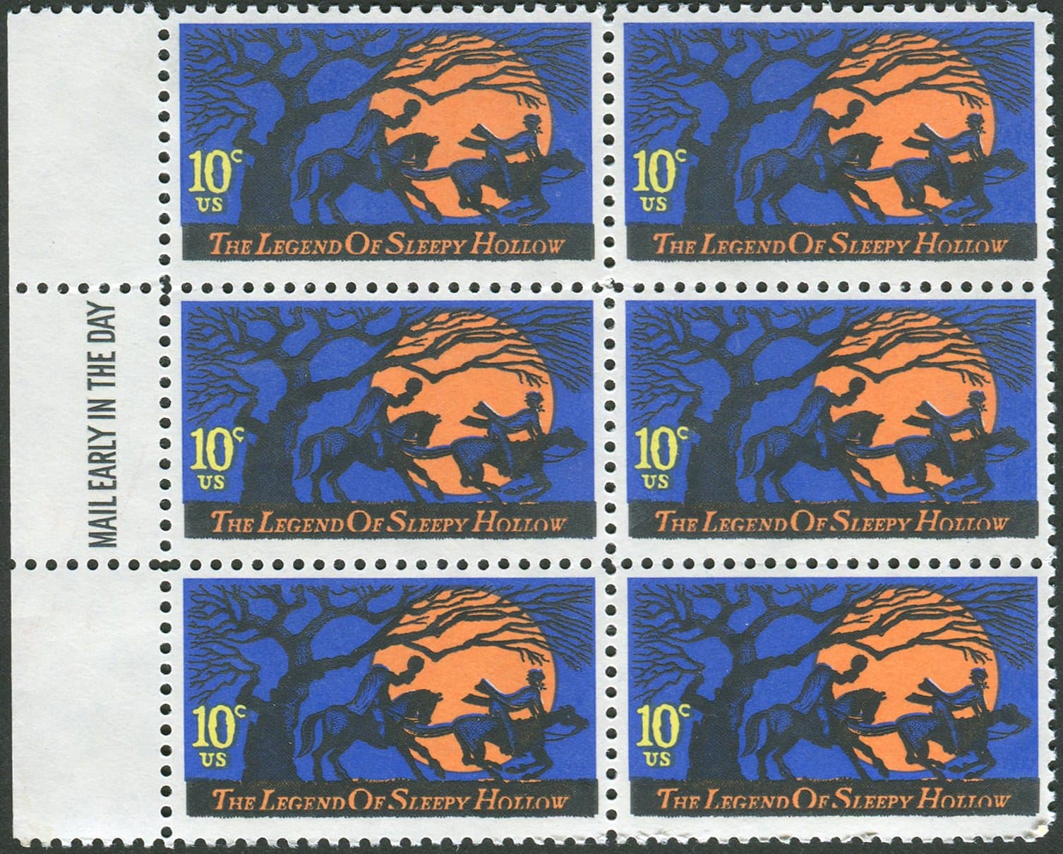 LEGEND OF SLEEPY HOLLOW ~ ICHABOD CRANE ~ WASHINGTON IRVING #1548 Block of 6 x 10ยข US Postage Stamps