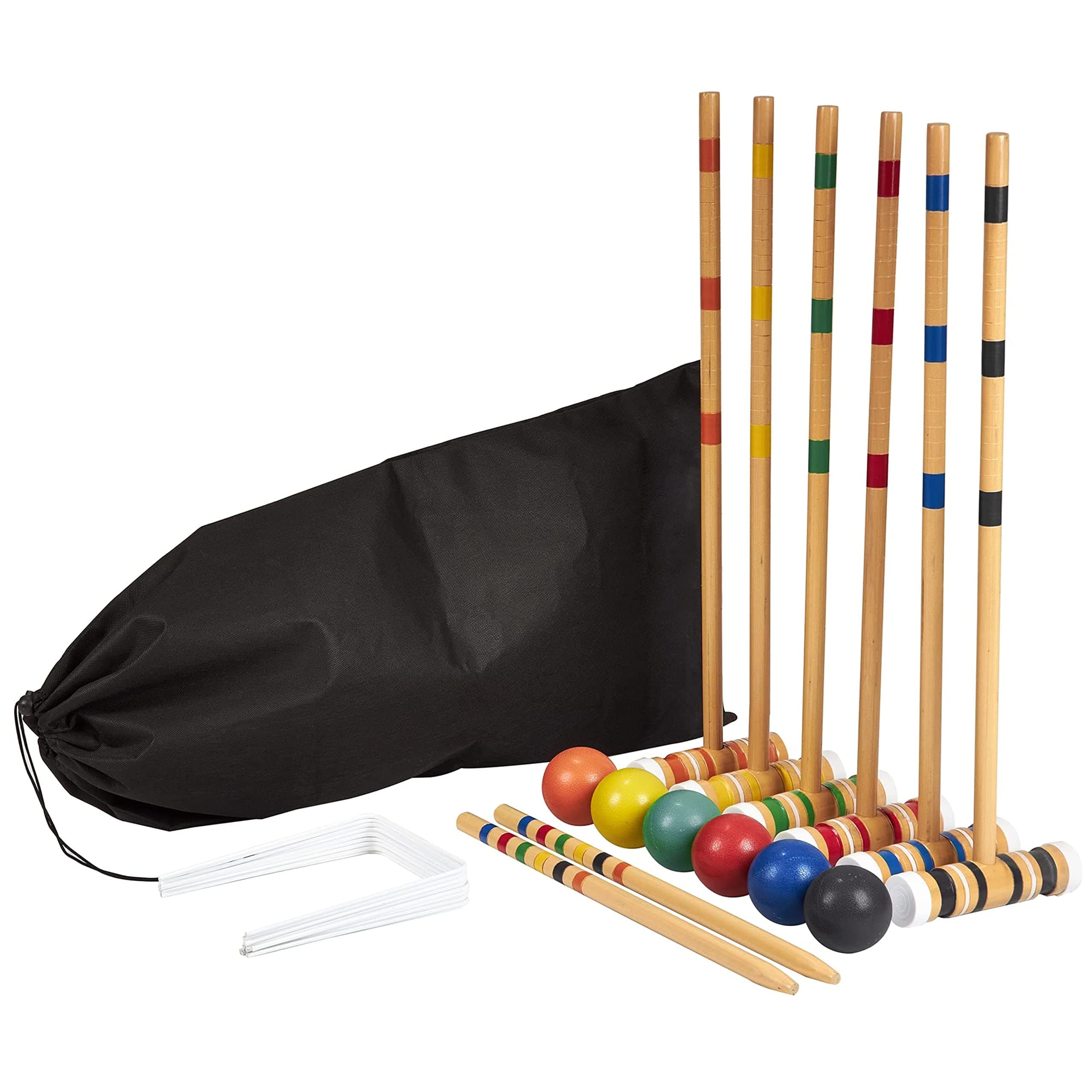 Family Croquet – Family-Sized/Travel Croquet Set with Drawstring Bag – Backyard Lawn Game for 6-Players – (6) 26" Mallets, 6 Colored Balls, 9 Wickets, & 2 Stakes – Indoor/Outdoor Yard & Party Game