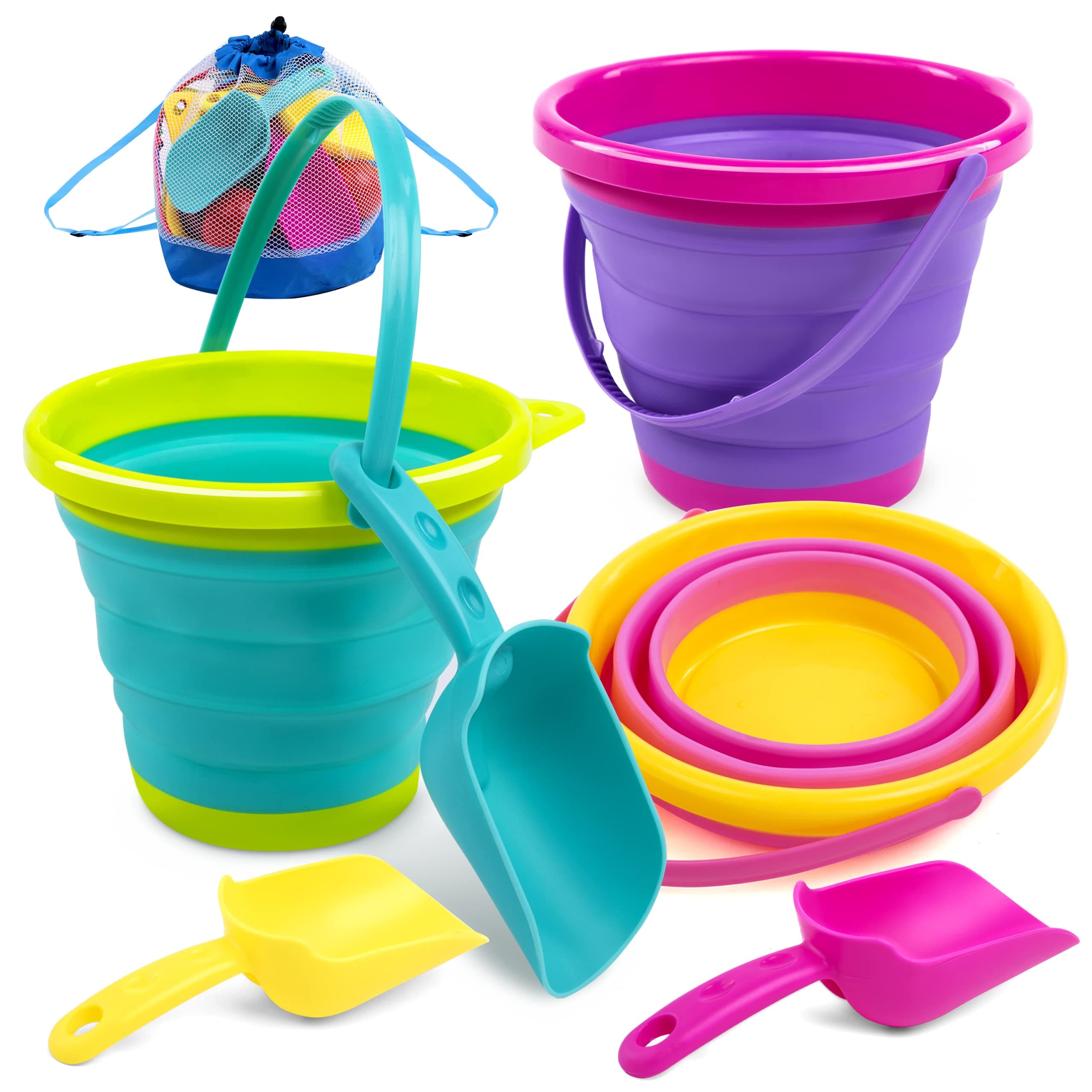 JOYIN Foldable Beach Bucket Set - 3 Packs Collapsible Beach Toy Buckets with Shovels and Mesh Backpack for Kids Toddlers Beach Party, Camping Gear, Travelling, Fishing Water Pail (Pink/Purple/Green)