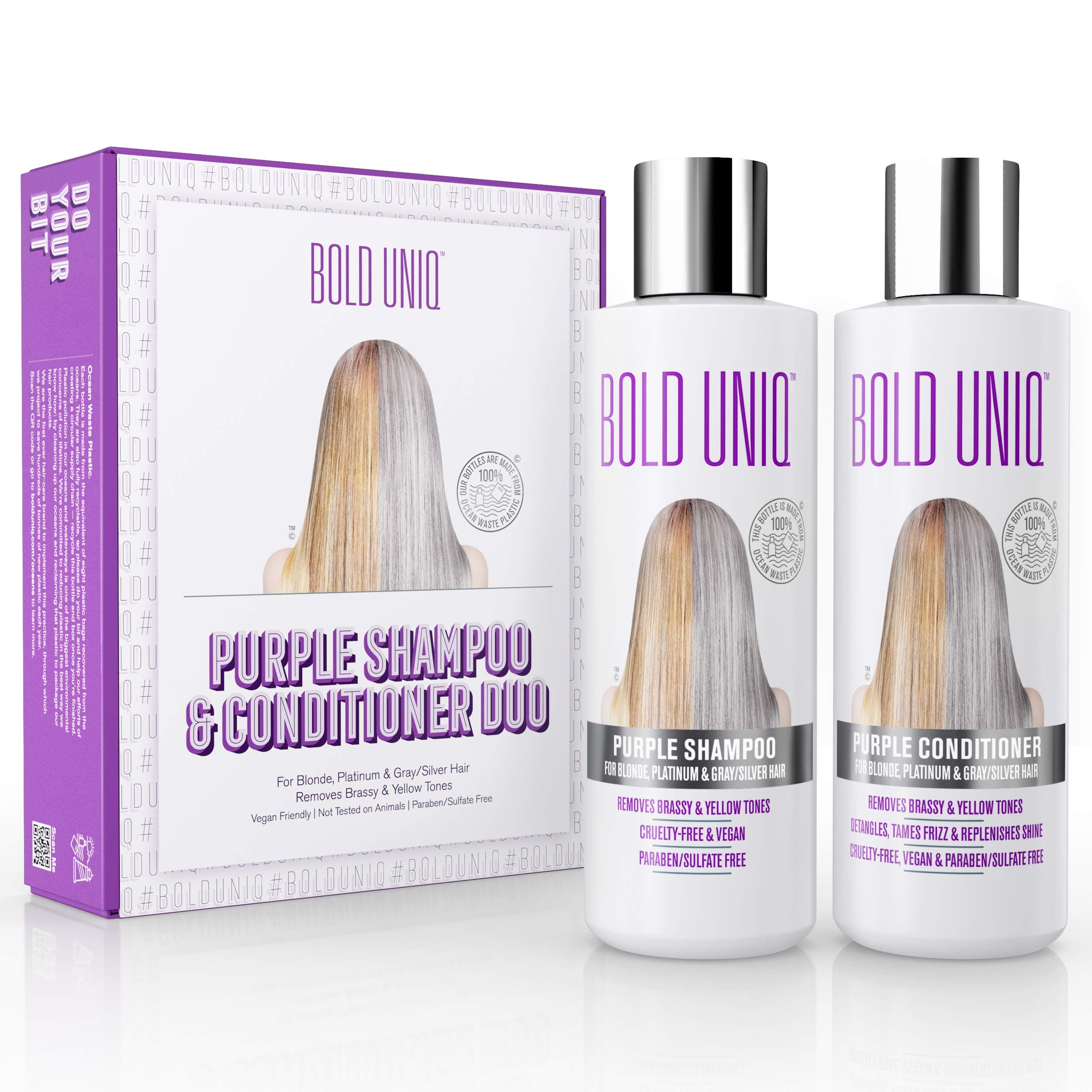 Purple Shampoo & Conditioner Set. Removes Brassy Yellow Tones. Lightens Blonde, Platinum, Ash, Silver & Grays. Moisturizes Dry & Damaged Hair. Paraben & Sulphate Free-PETA Approved Cruelty-free