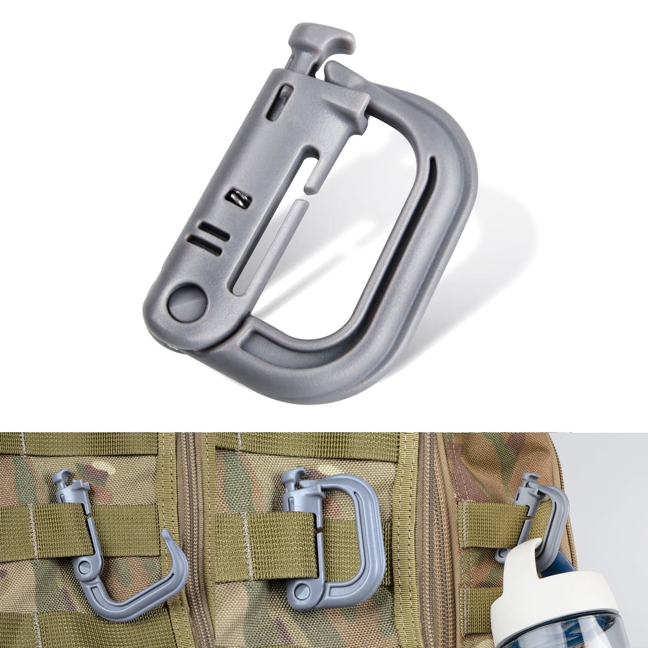 Tactical Gear ABS Plastic D Ring Shape Buckle, Super-Handy Spring Snap Key Chain Clip Hook Screw Lock Buckle, 4PCS (Grey)