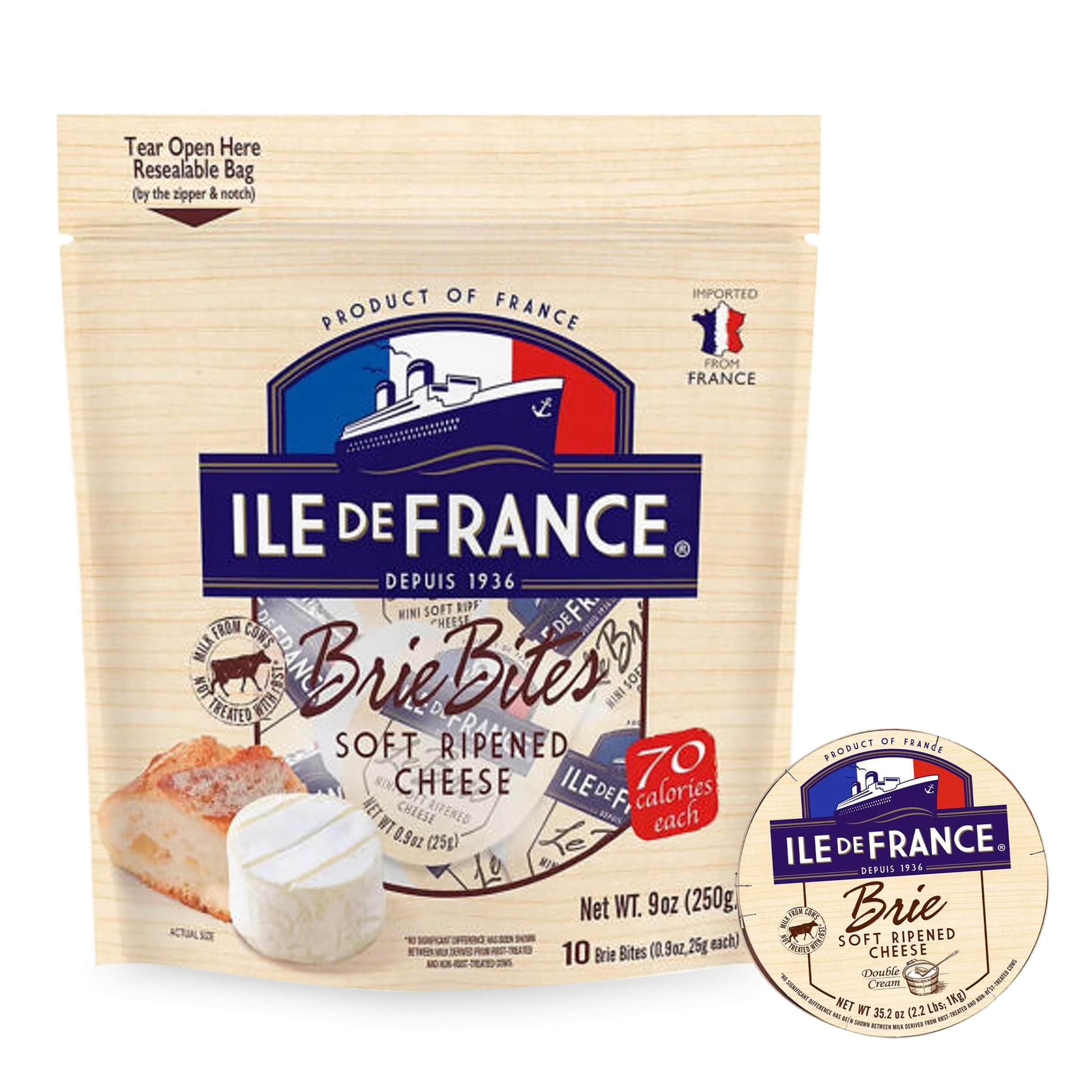 Ile de France Brie Cheese - 60 Soft Ripened French Cheeses, 0.9 oz Mini Brie Individual Cheese - Easy to carry Brie Bites from The Cheese Lover Shop