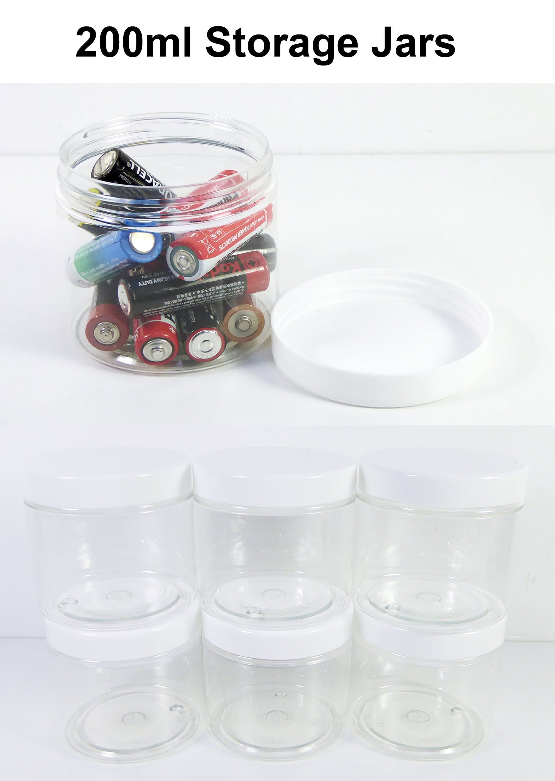 Set of 6 x 200ml PET Clear Plastic Jars WHITE LIDS Storage Pots Tubs Containers for Food Sweets Cosmetics Powders Cream Hookbaits
