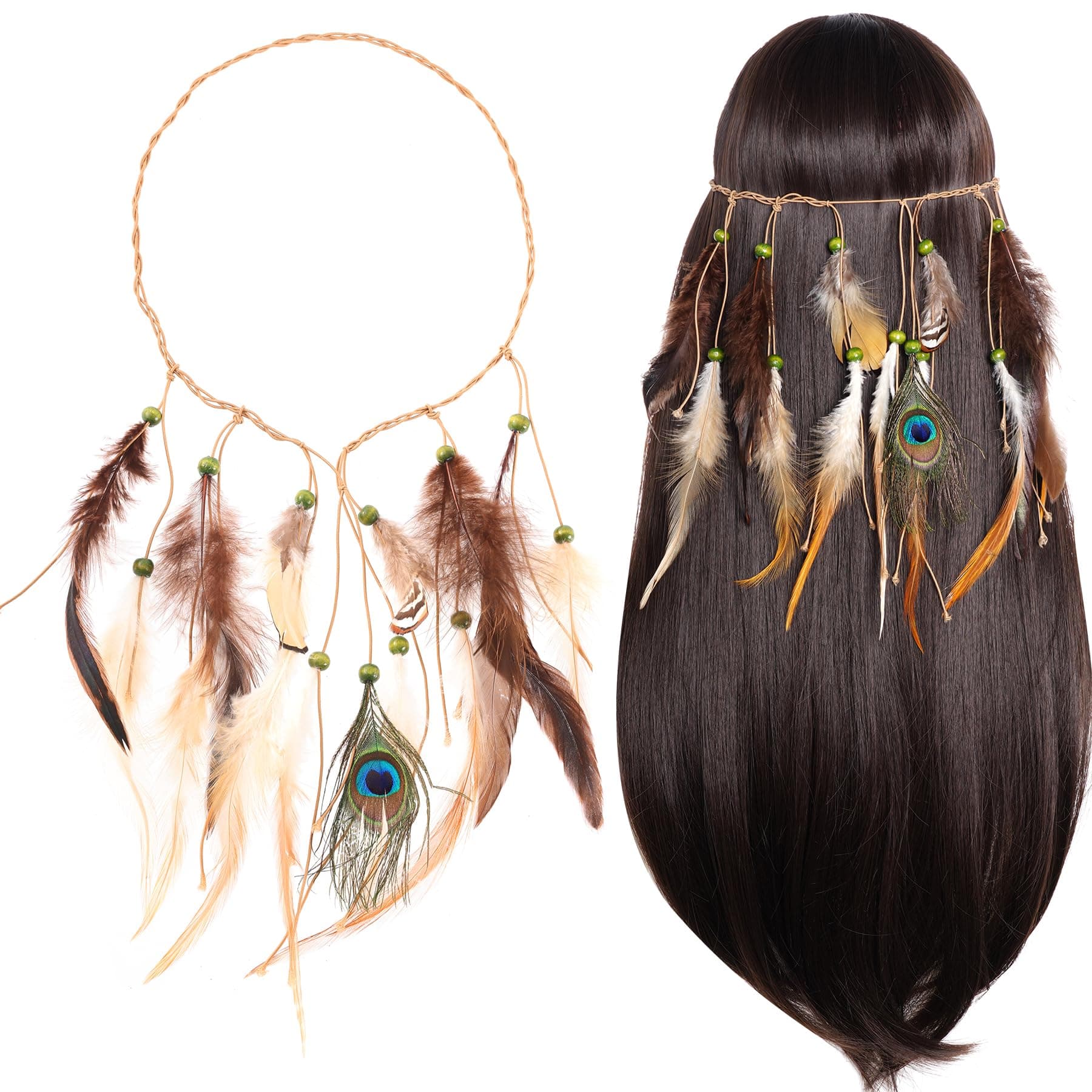 Indian Feather Headband Native American Tribal Costumes Head Dress with Feathers for Women and Girls