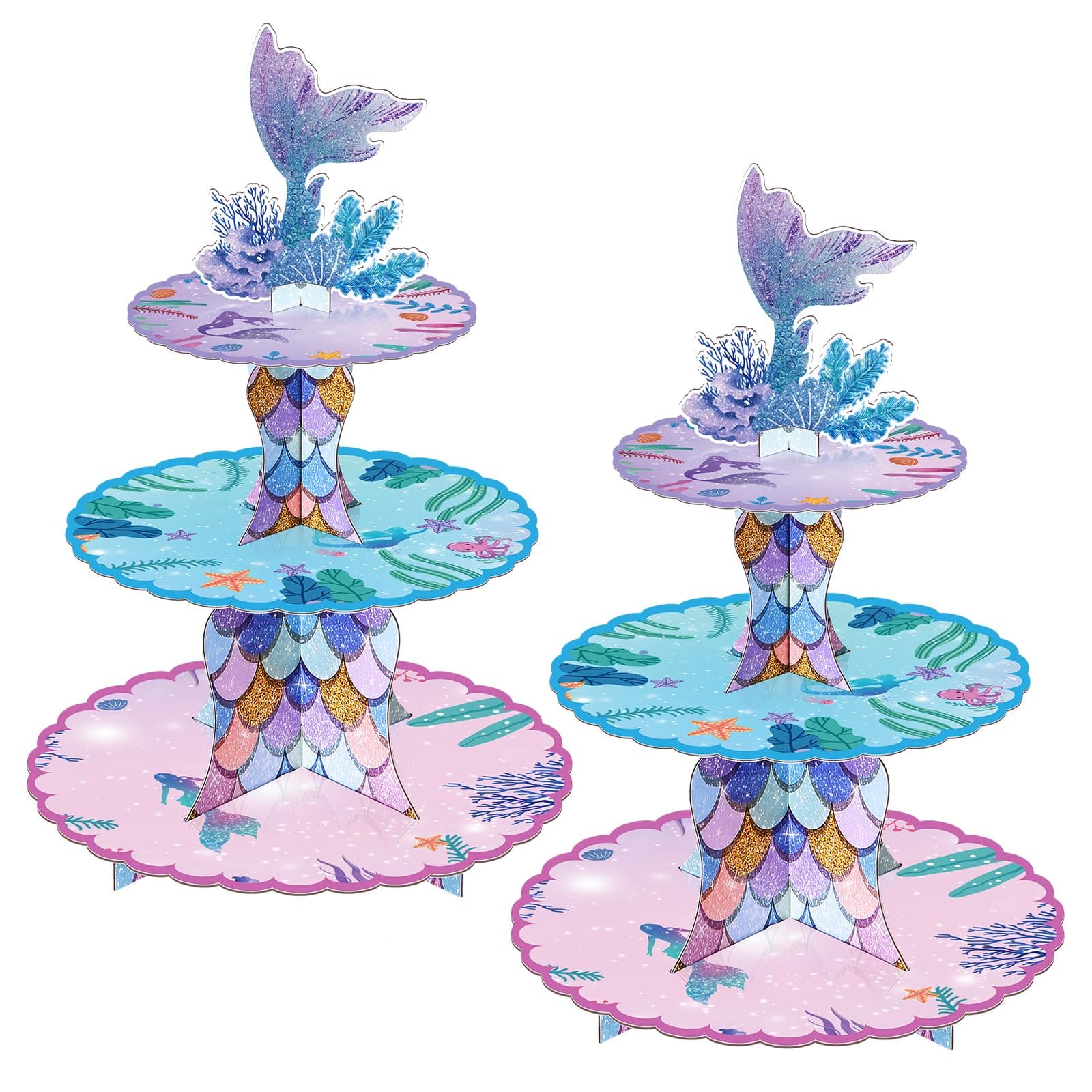 BACUTHY2 Pieces Mermaid Cupcake Stand Set Birthday Party Decorations Under The Sea Supplies with Mermaid Tail Ornaments for Girl Baby Shower