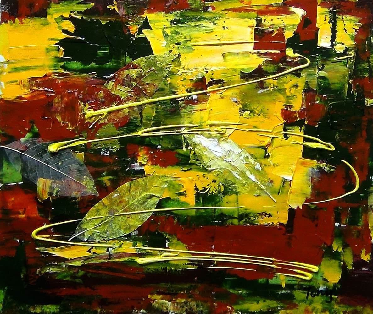 Original Abstract Painting Golden Autumn Leaves Falling in the Forest by Tony Wei very Vivid Color 20x24 Acrylic on Canvas Modern Fine Art Home Decor