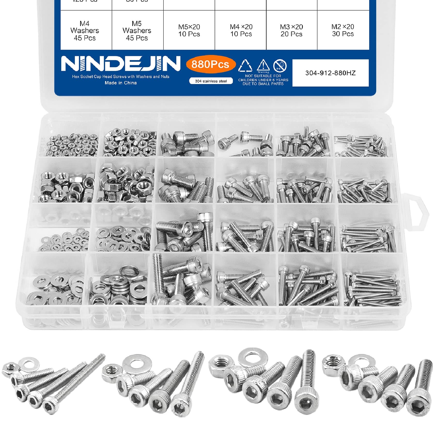 NINDEJIN 880Pcs Screw Nuts and Bolts Assortment Kit, M2 M3 M4 M5 Metric Bolts and Nuts and Washers Set, 304 Stainless Steel Precise Hex Socket Head Cap Machine Screws Set with Allen Wrenches