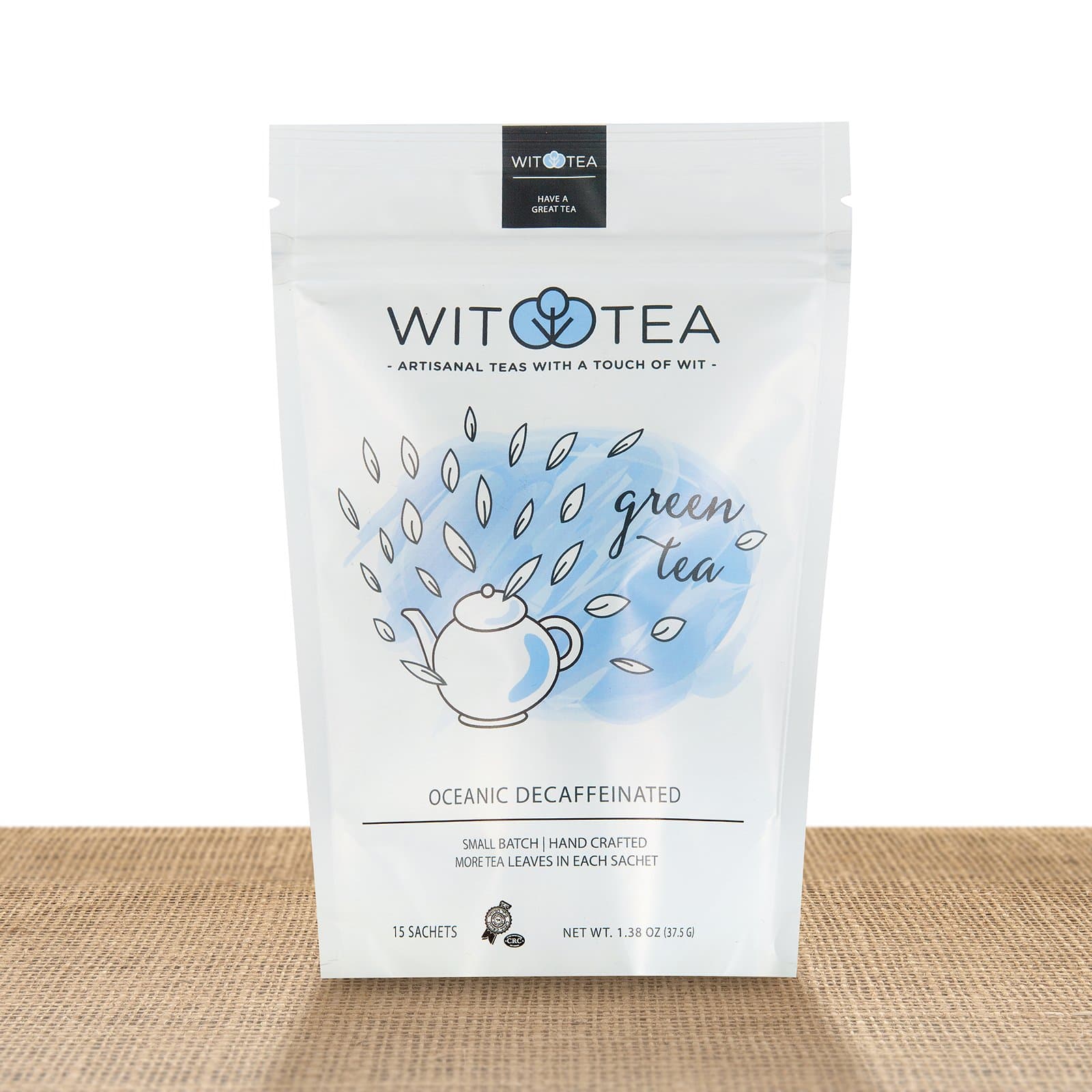 Artisanal Small Batch 15 Green Tea Bags - Oceanic Decaffeinated - Premium Unblended Green Tea Leaves in Hand Crafted Biodegradable Silk Pyramid Sachets - 15 tea sachets - by WitTea