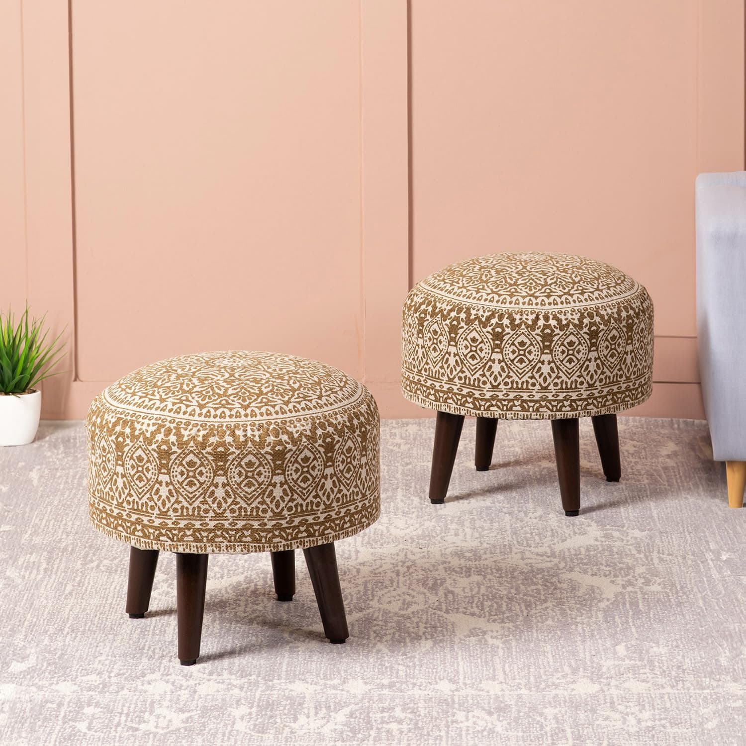 - nestroots Set of 2 Wooden Ottoman Stools for Living Room | Printed Pouffes for Sitting, Foot Rest with 4 Wooden Legs | 14 Inch Height, Yellow | Stylish & Comfortable Furniture for Home Décor
