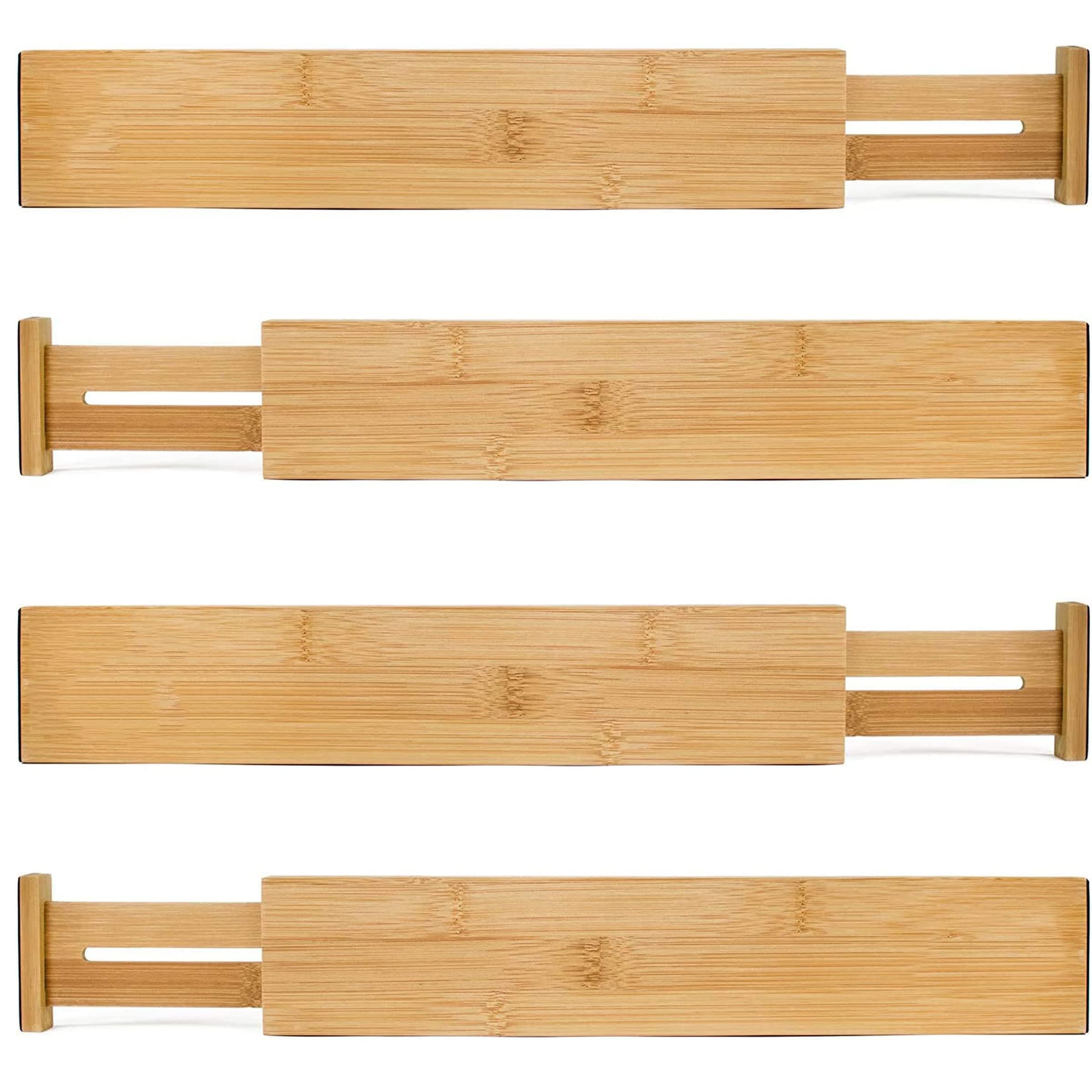 Bamboo Wooden Drawer Divider, Set of 4 | Adjustable Organizers & Dividers | Eco Friendly | Expandable & Spring Loaded | Works in Kitchen, Dresser, Bathroom, Bedroom, Desk, Baby
