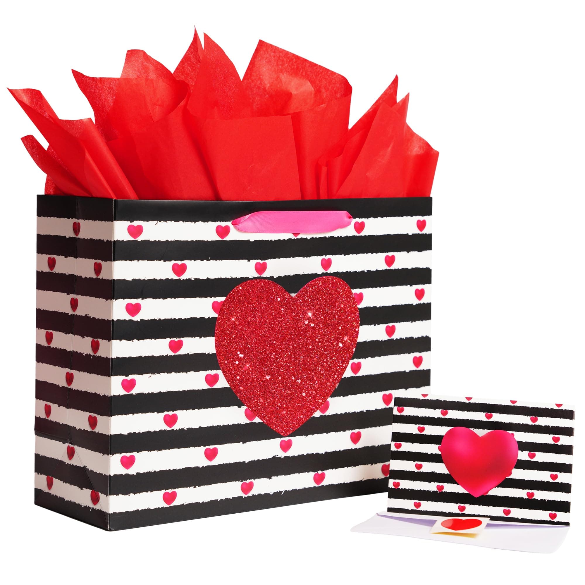 13" Large Gift Bag with handle & Red Tissue Paper and Greeting Card for Valentine's Day Wedding Birthday Anniversary and so on.