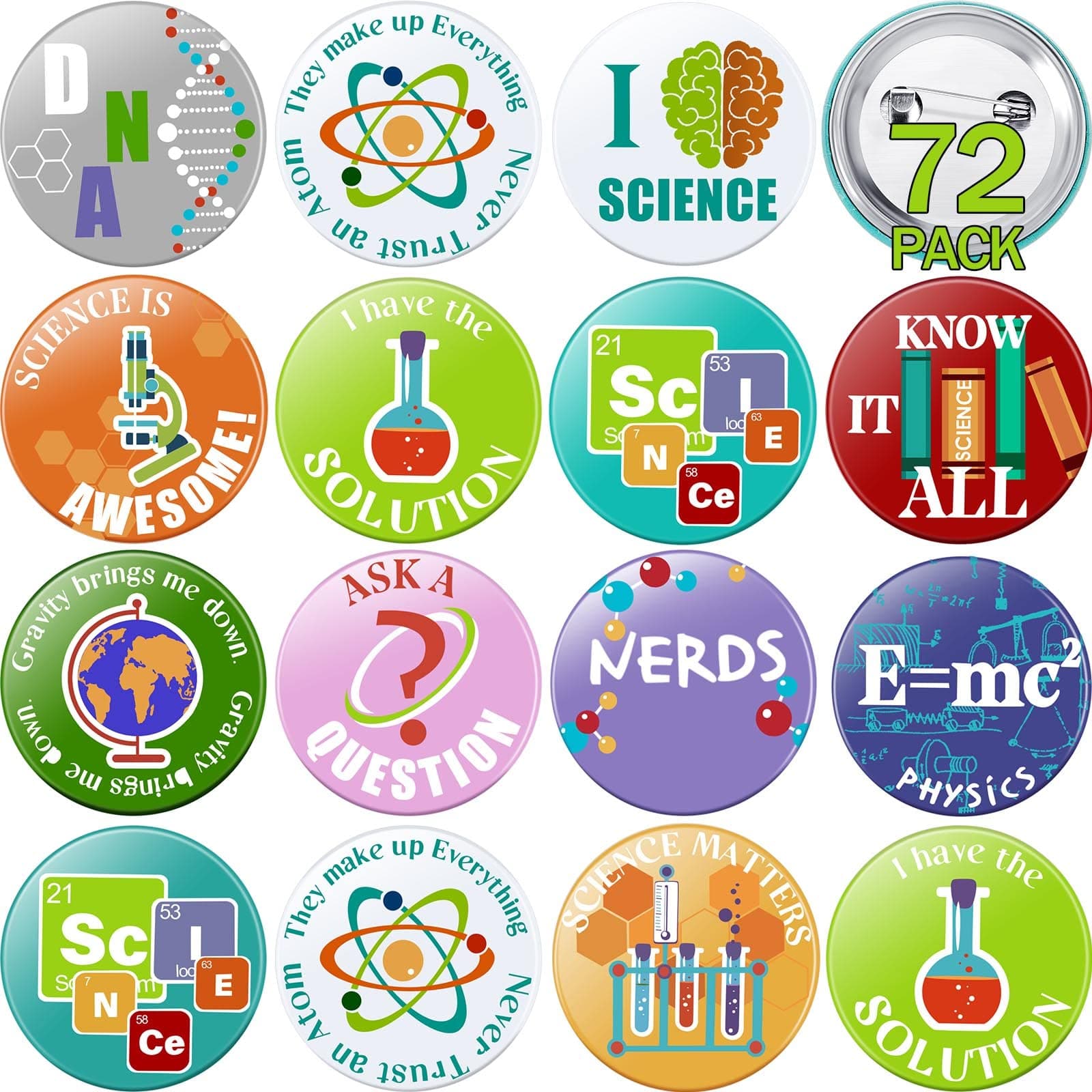 WILLBOND 72 Pcs 72 Pcs Science Pins Party Favors Buttons Bulk, Science Theme Pinback Buttons, Chemistry Lab Design Pins for Birthday Party Decorations Accessories, 12 Styles (Cute) (Cute)