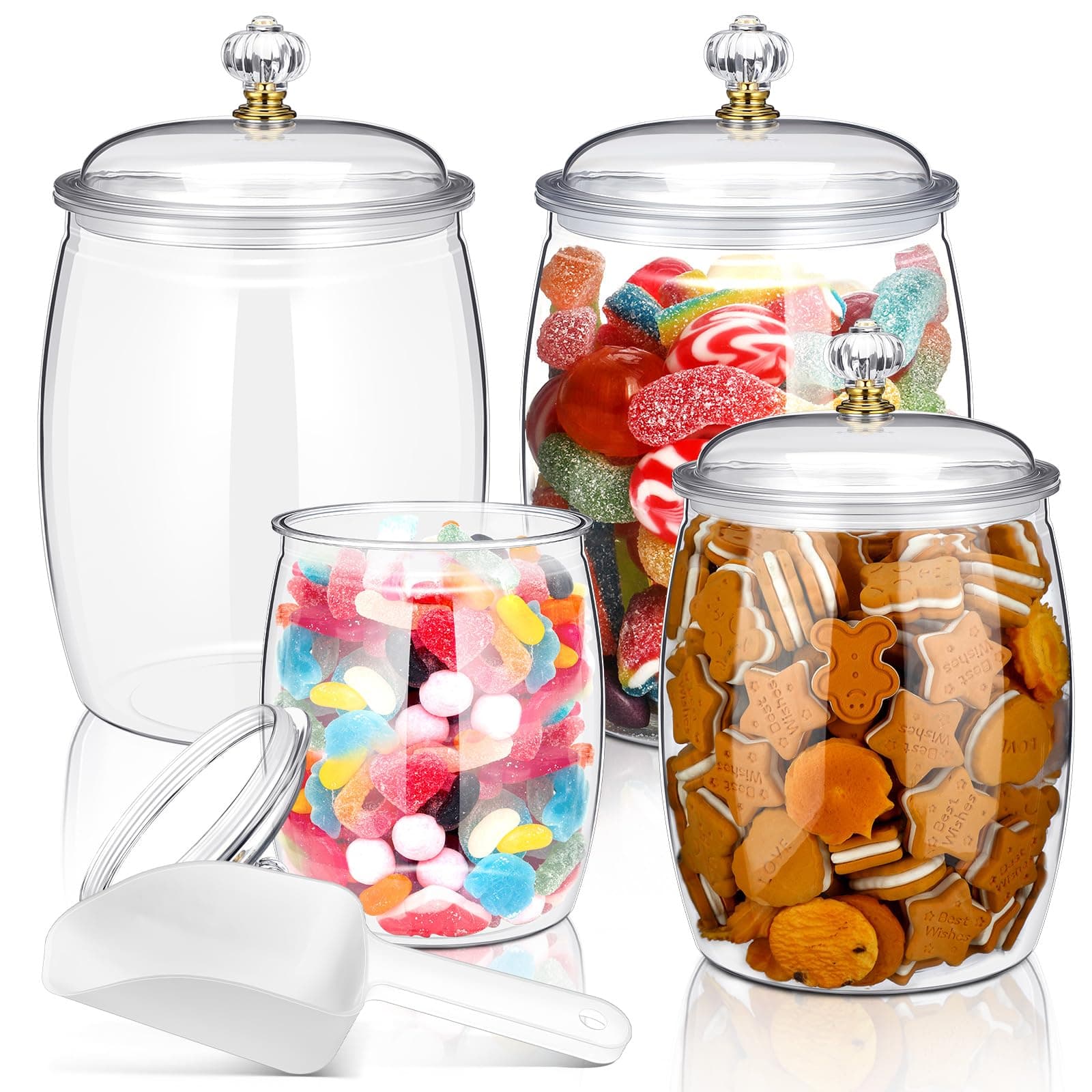 Nuogo 4 Pcs Plastic Candy and Cookie Jars with Lids Clear Cookie Container Candy Jars Large Airtight Apothecary Storage Organization for Wedding Home Kitchen Bar(42/64/90 oz)
