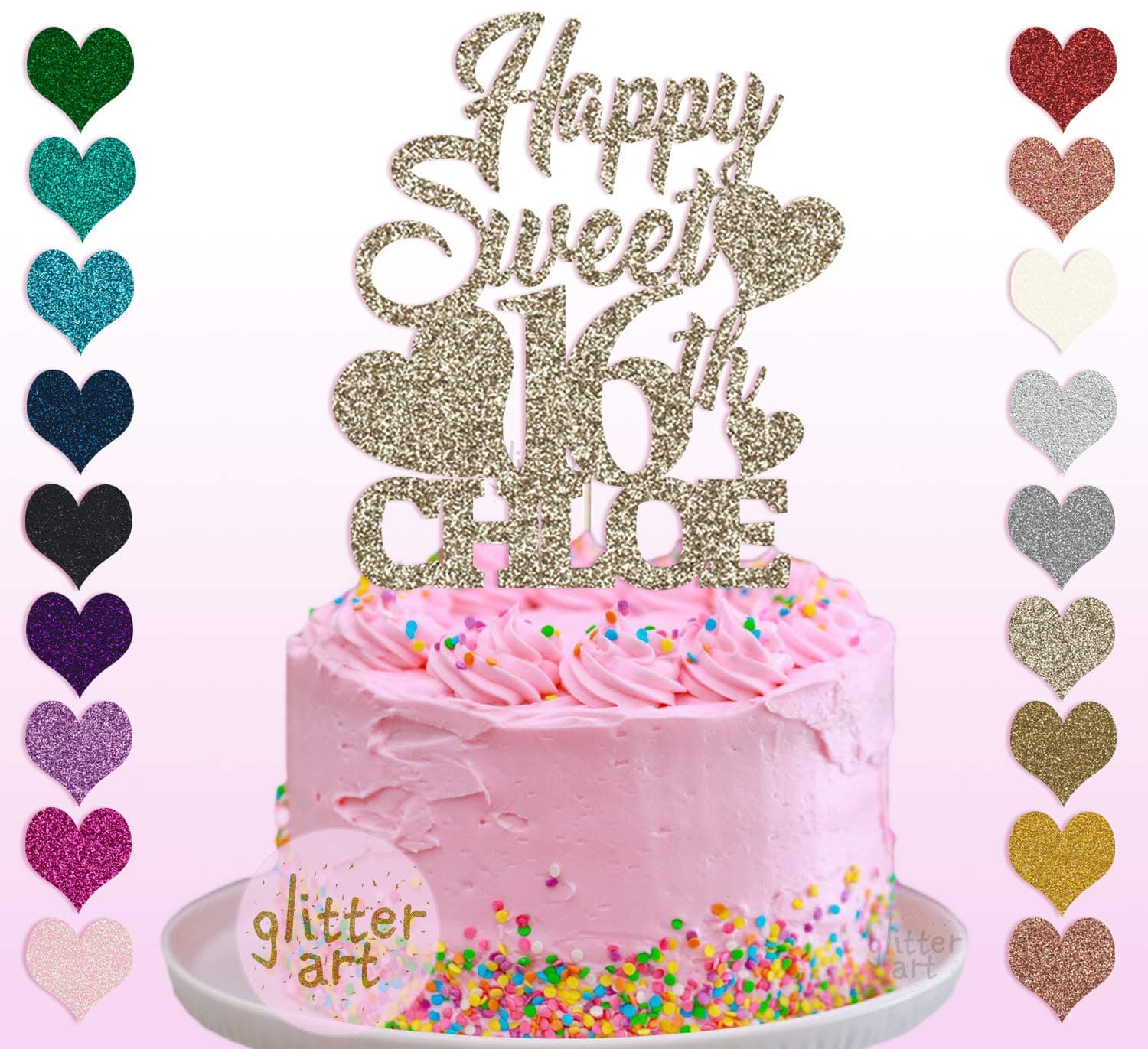 Personalised Custom Happy Sweet 16th Chloe Party Cake Topper Name Any Text (Champagne Gold)