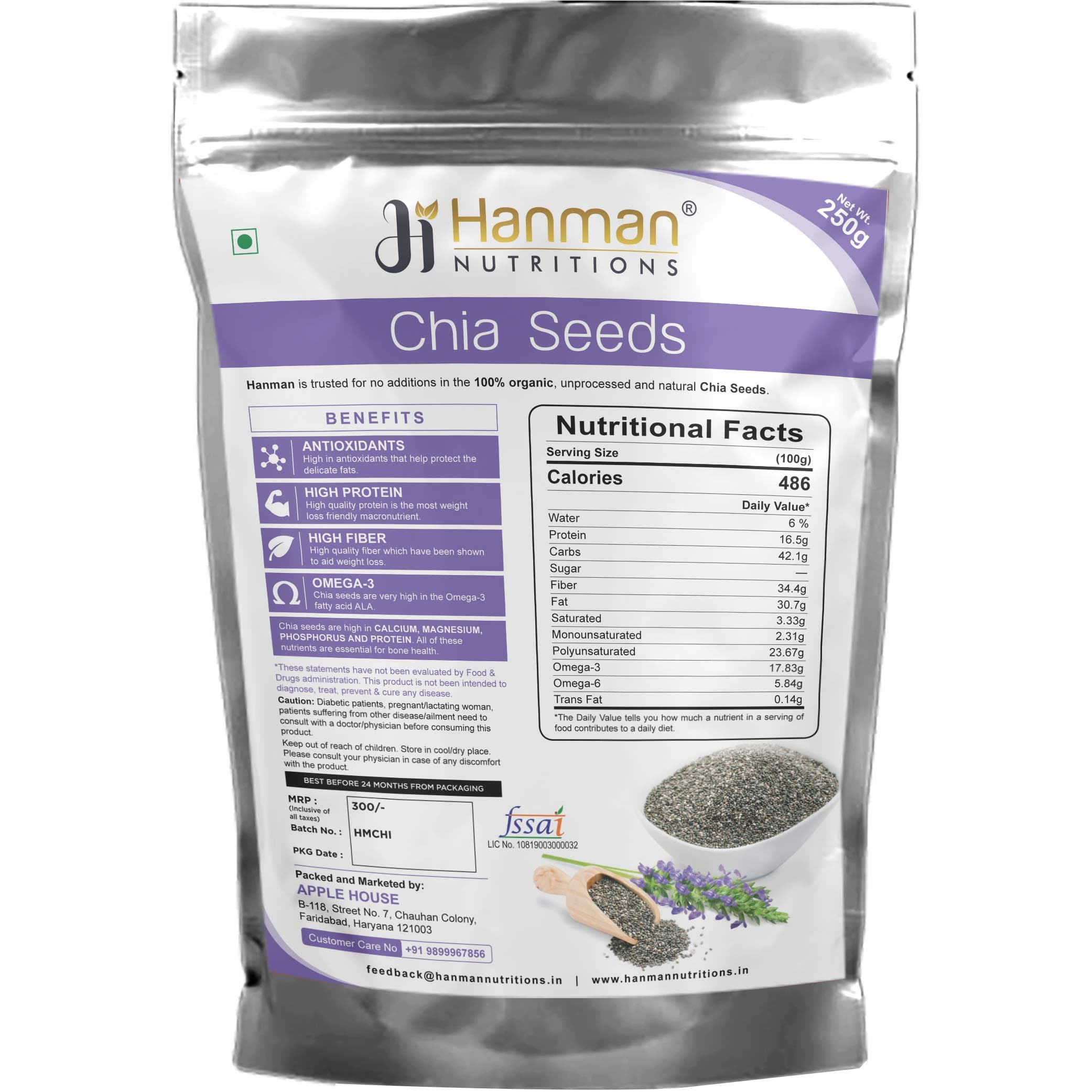 Hanman Nutritions Raw Organic Chia Seeds with Omega 3 And Fiber For Weight Loss (250 gm)
