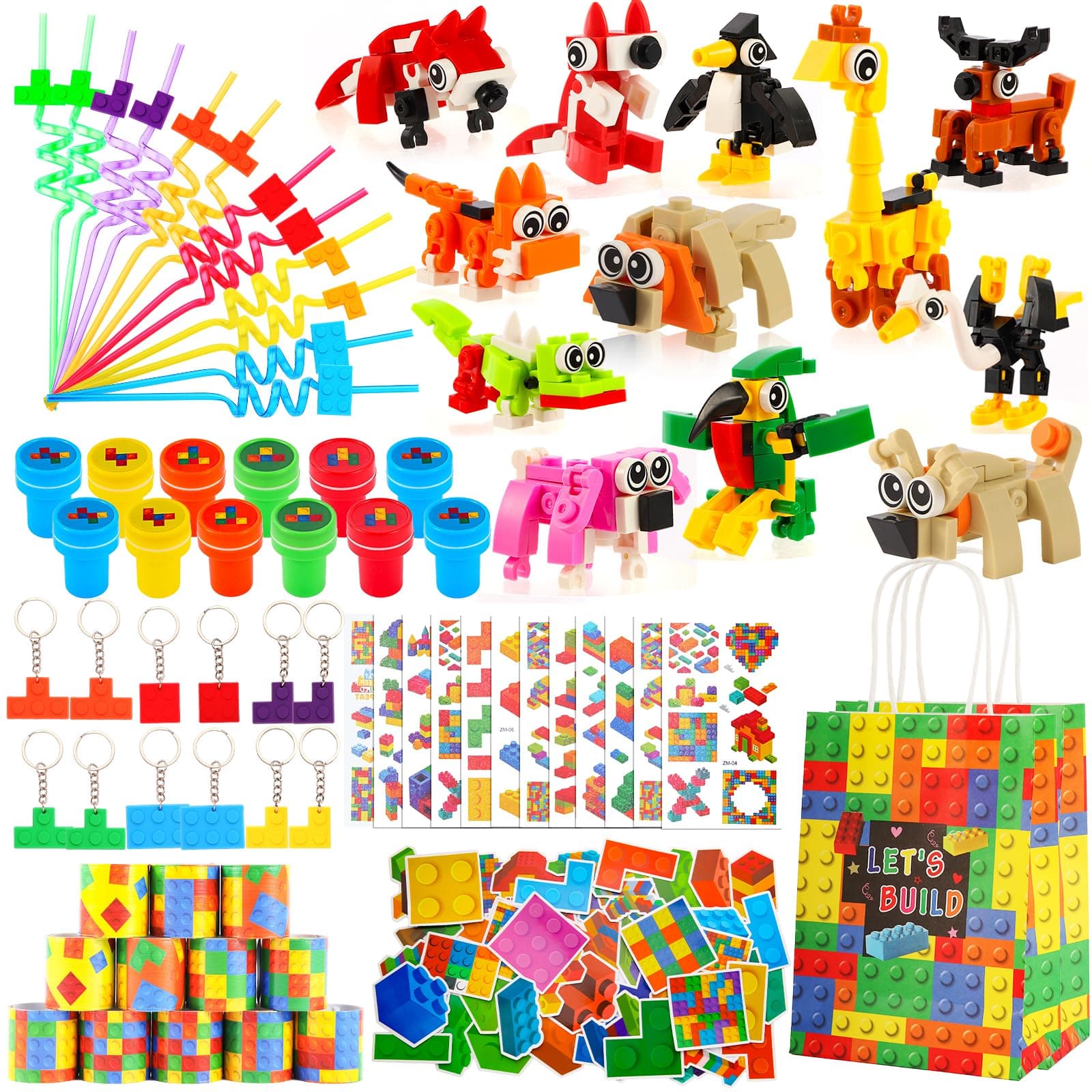 134 Pcs Building Blocks Party Favors with Reusable Drinking Straws Animal Building Blocks Slap Bracelets Keychains Stamps Stickers and Gift Bags Gamer Birthday Party Supplies (Building)