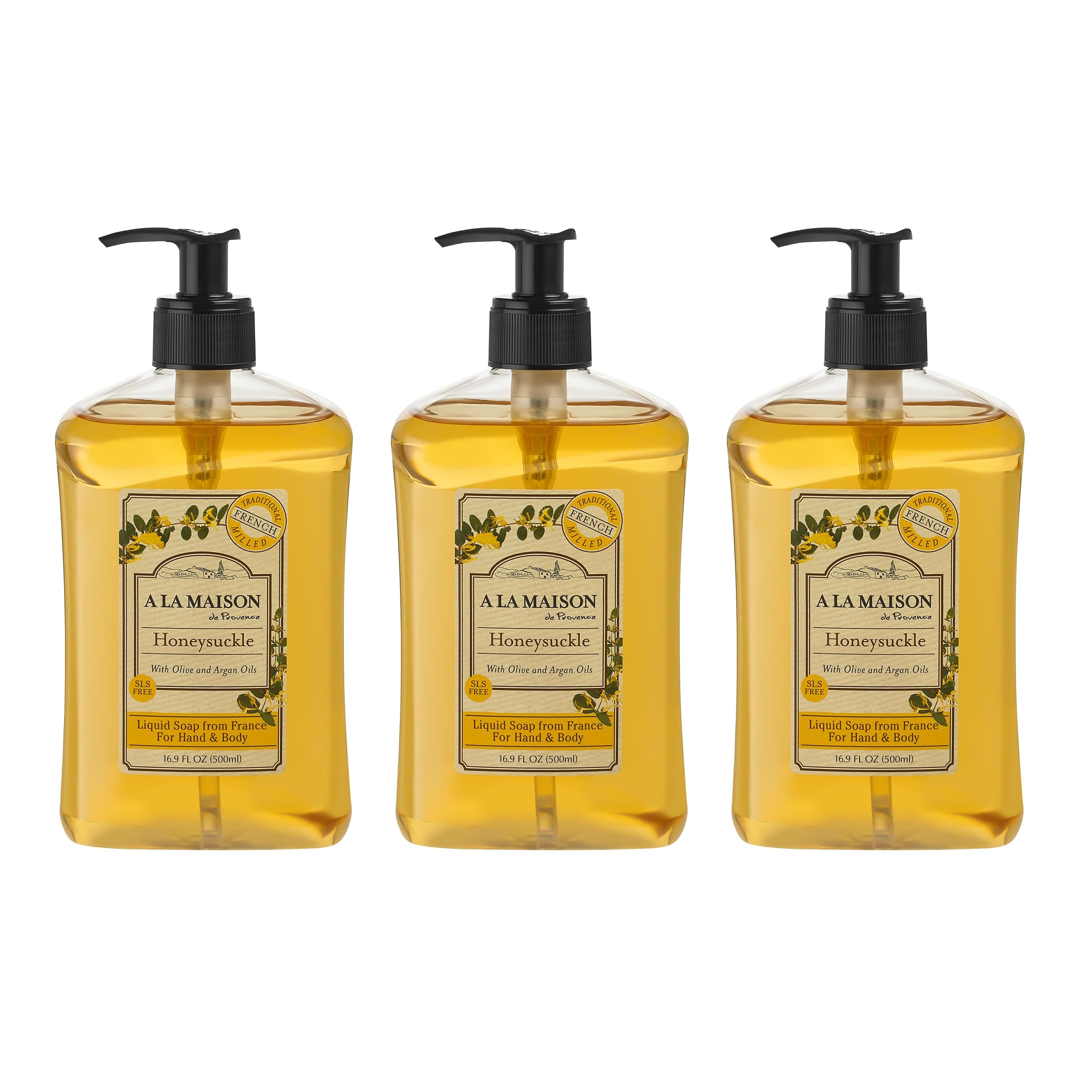 A LA MAISON Honeysuckle French Liquid Hand Soap - Natural Hand Wash Made with Essential Oils - Biodegradable, Plant-Based, Vegan, Cruelty-Free, Alcohol & Paraben Free (16.9 oz, 3 Pack)