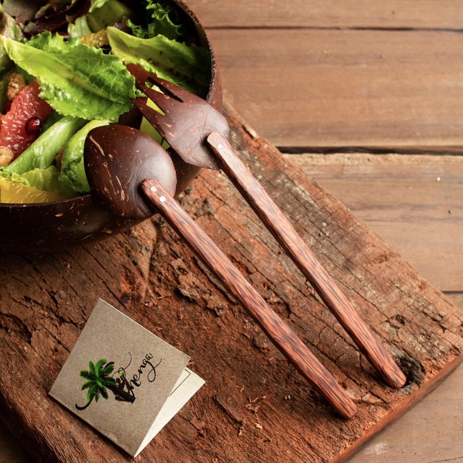 Coconut Shell Fork & Spoon Sets | 100% Natural Eco-Friendly Wooden Cutlery | Handmade Sustainable Dining Utensils for Salad, Snacks, Smoothie & Meals | 2 Forks + 2 Spoons (Set of 2)