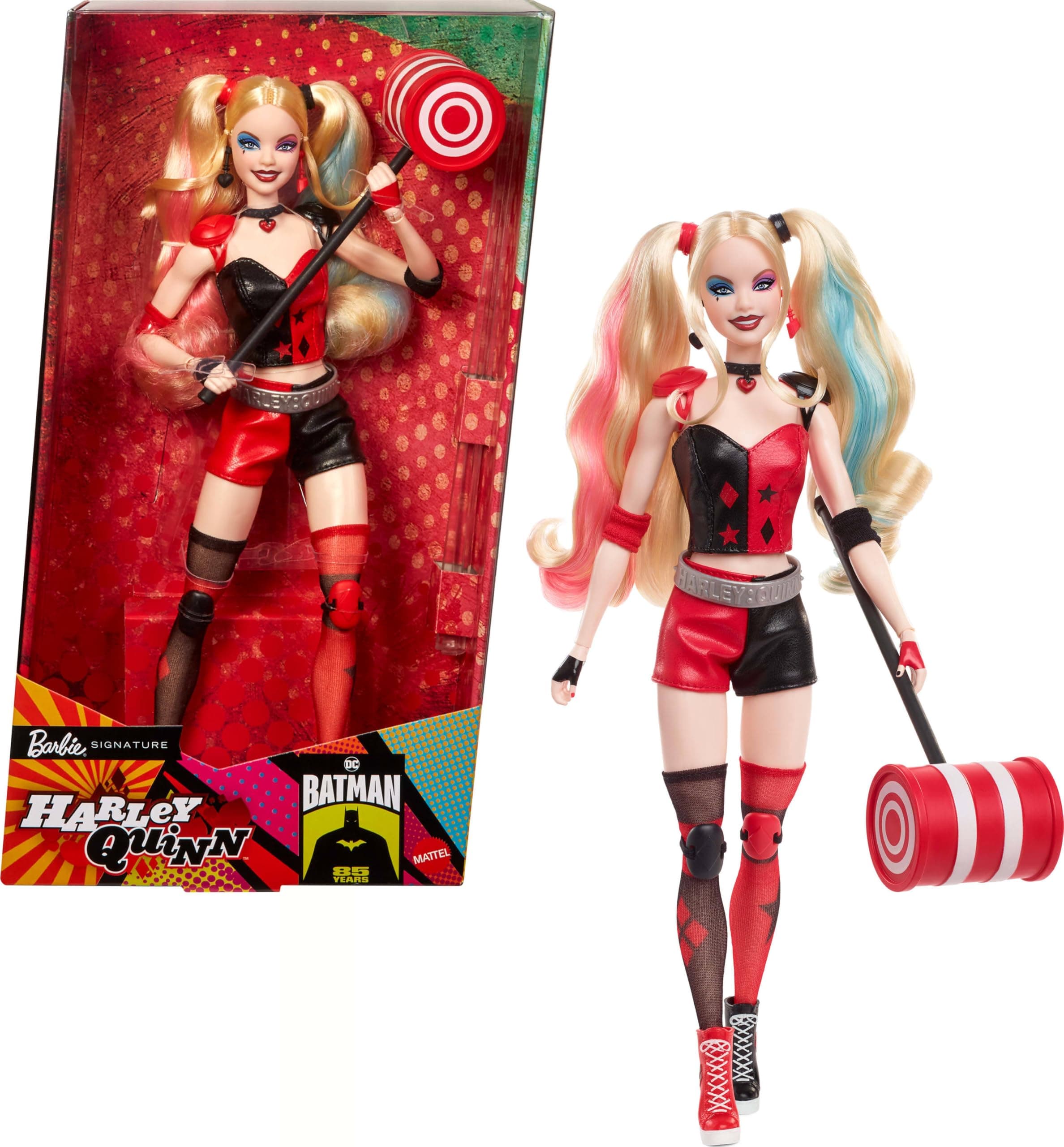 Mattel Signature Harley Quinn Collectible Doll with Articulated Body, Iconic Outfit and Hammer, DC Batman Collectible Figure for 85th Anniversary HRM84, [Multicolour]