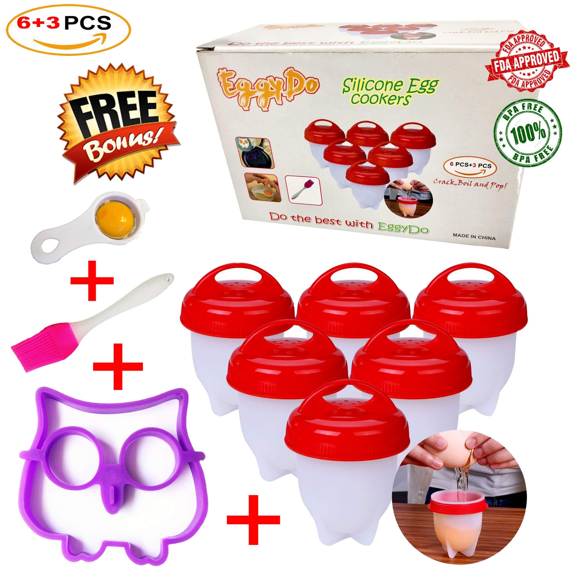 EggyDo Silicone Egg Cooker Set - Hard and Soft Boiler Without Shell for Easier Breakfast Enriched with Brush, Yolk Separator and Owl Shaped Mold Gifts – BPA Free, Non-Stick (Pack of 9)