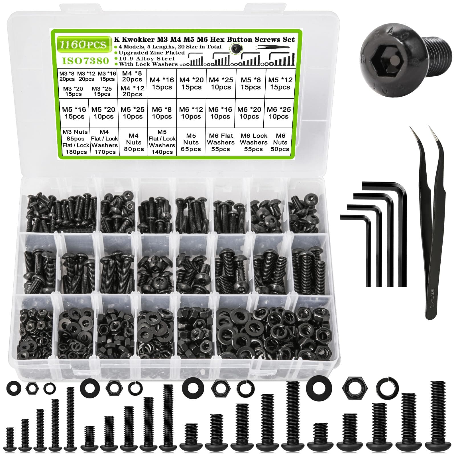 1160Pcs M3 M4 M5 M6 Nuts and Bolts Assortment Kit 20 Size 8MM to 25MM Upgraded Zinc Plated Hex Button Head Cap Metric Machine Screws, 12.9 Alloy Steel Bolts and Nuts Kit with Lock Washers