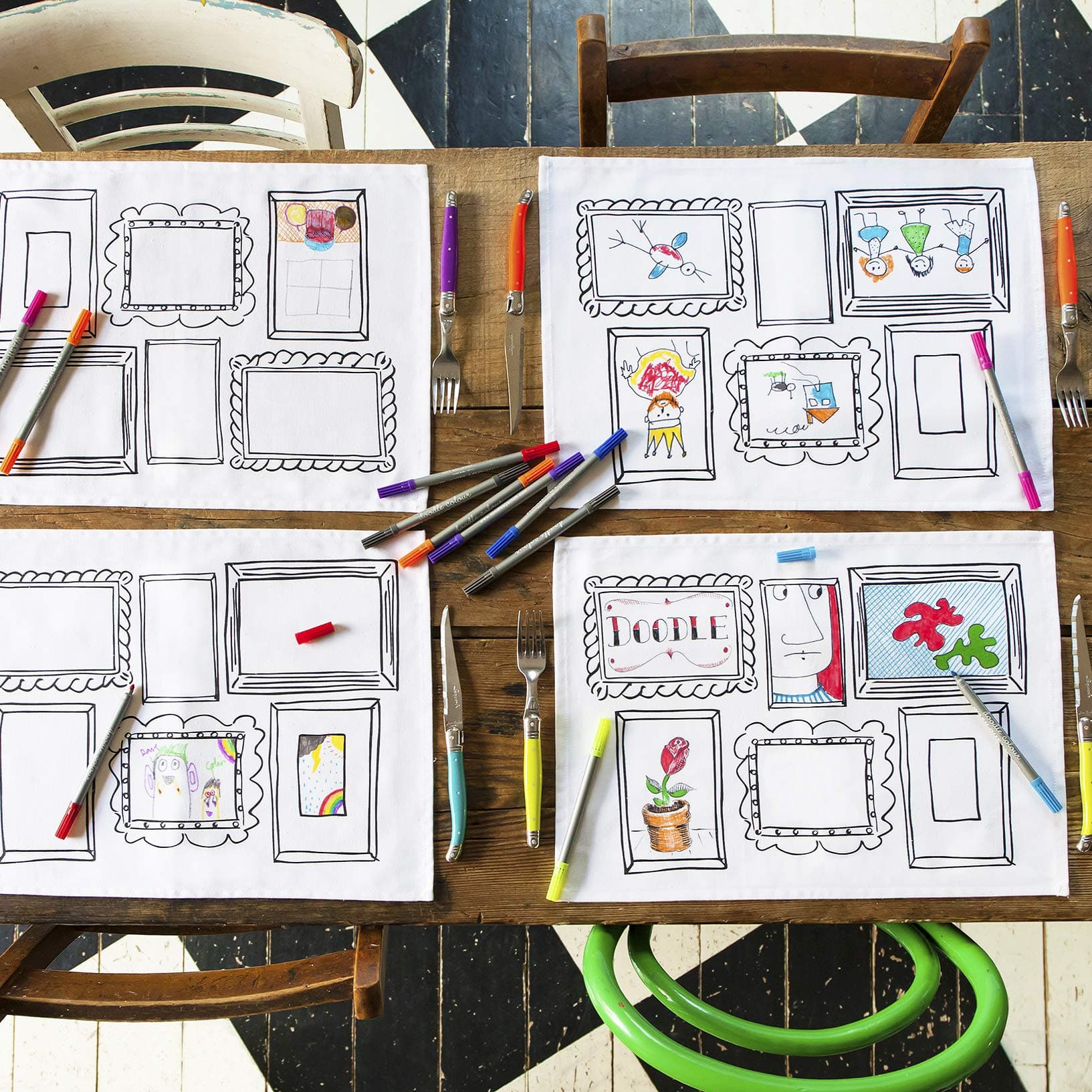 eatsleepdoodle Doodle Picture Frame print Placemats - design and Colour Your Own Placemats - Colouring Placemats to personalise with Washable felt tip Fabric pens (Set of 4 Place mats)