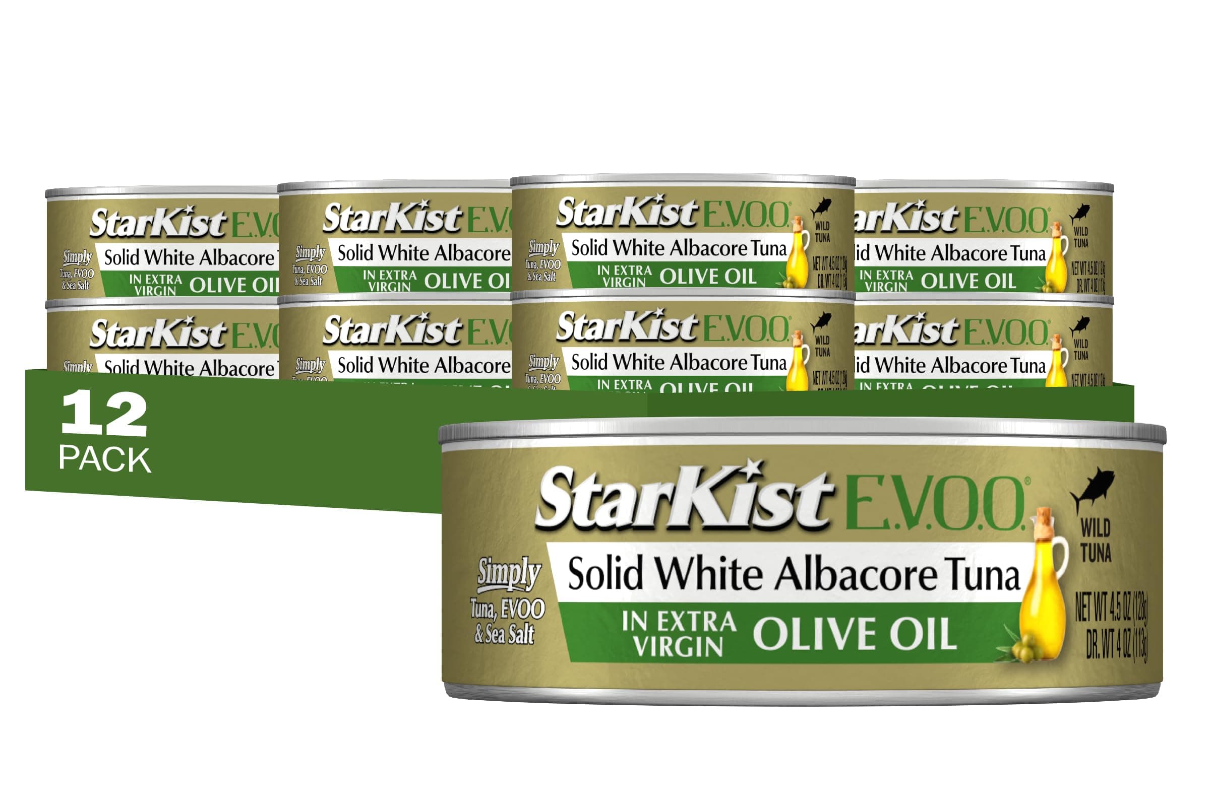 E.V.O.O. Solid White Albacore Tuna in Extra Virgin Olive Oil, 4.5 Oz, Pack of 12