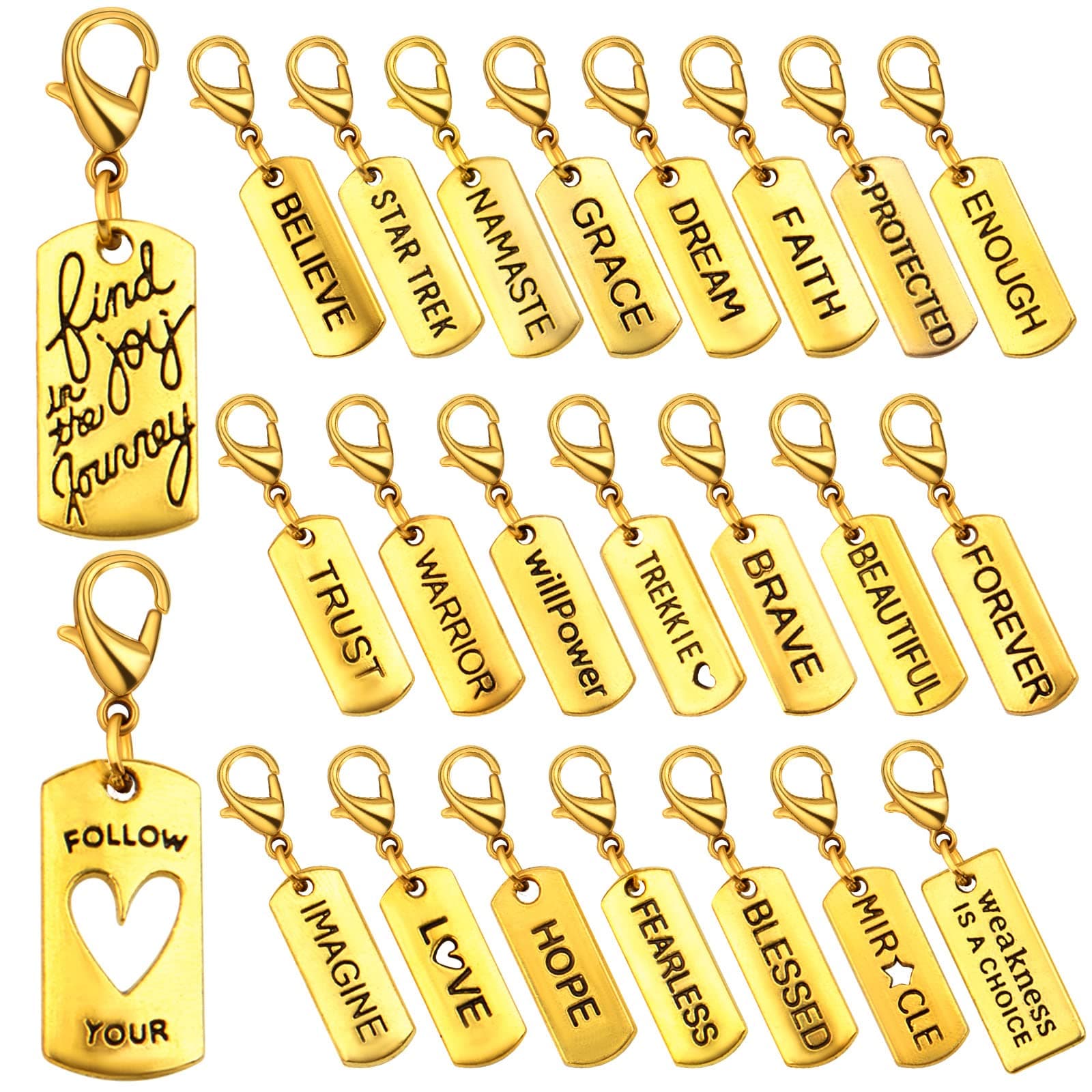 24pcs Antique Golden Clip-on Inspiration Charms Engraved Motivational Word Dangle Pendant Charms with Lobster Clasp for DIY Jewelry Making Accessory, 24 Styles
