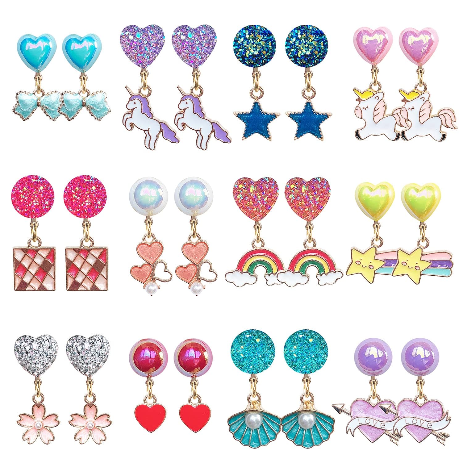 12 Pairs Clip On Earrings Girl Party Favor Princess Clip on Earrings Pretend Play Unicorn Earrings for Little Girl Kids Toddlers Jewelry Set, One Size, Metal, resin