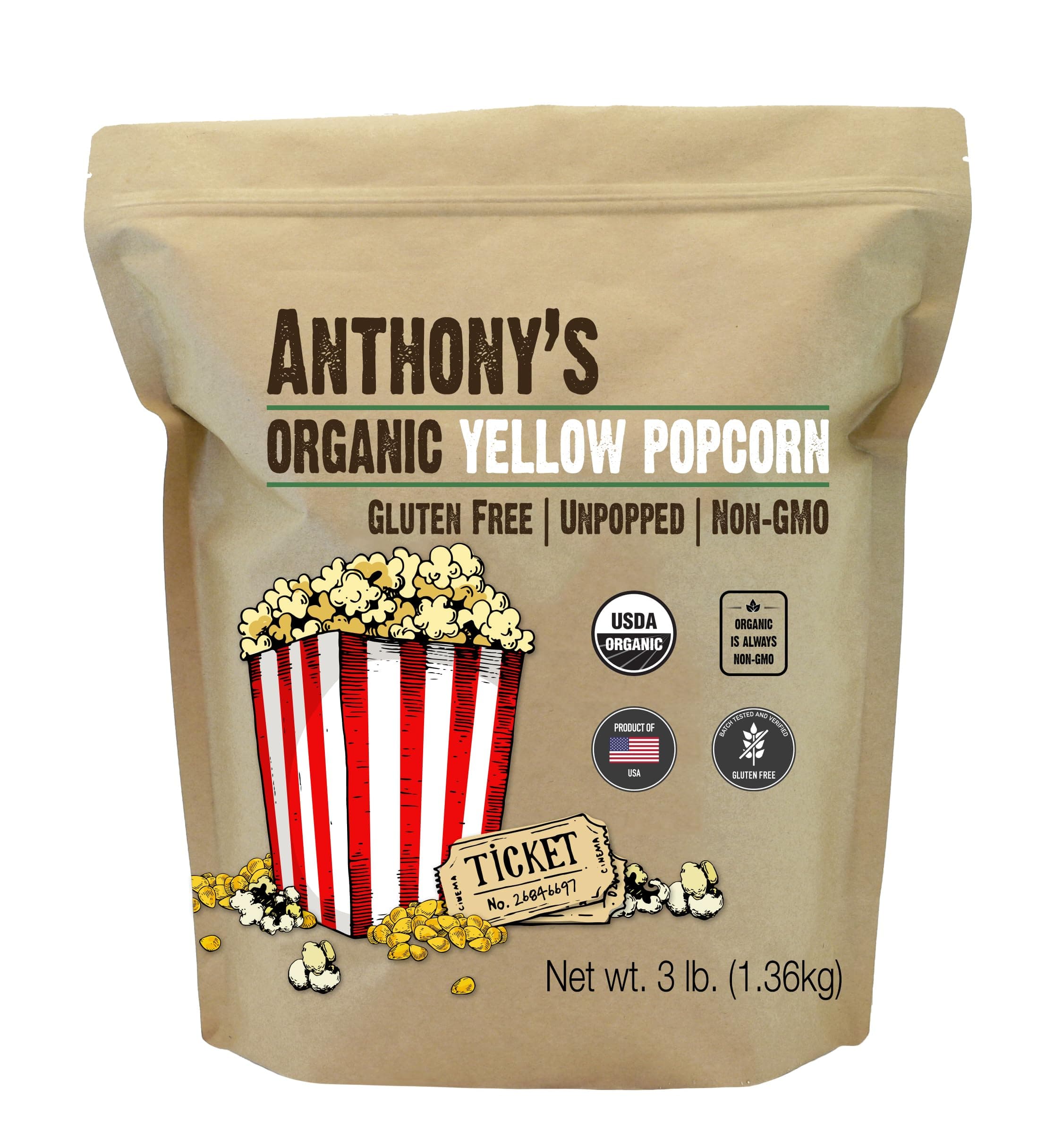 Anthony's Organic Yellow Popcorn Kernels, 3 lb, UnPopped, Gluten Free, Non GMO