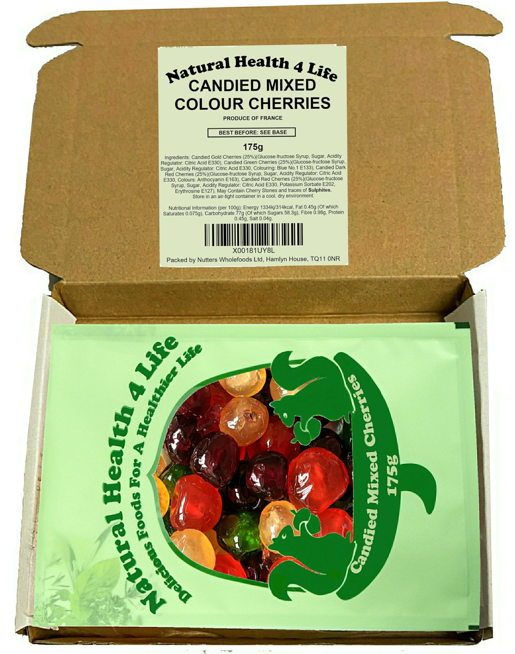 Natural Health 4 Life Candied Whole Mixed 4 Colour Glace Cherries 175 g (1 Bag) Produce of France