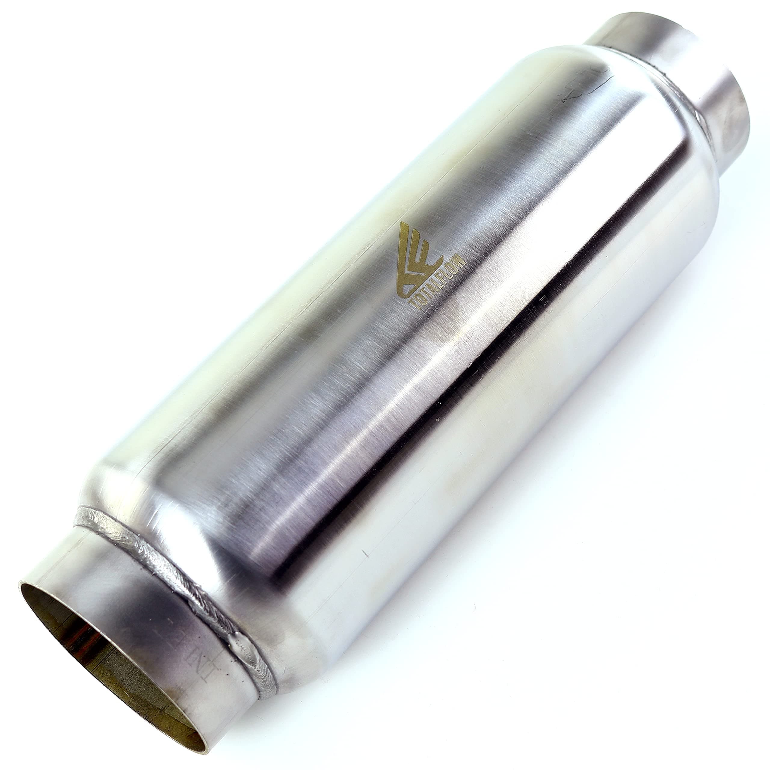 TOTALFLOW 2104 Mini Muffler 409SS | 3.5" Round Width | 10" Body 12" Overall Length Inner Inlet-2.5" Outer Diameter Outlet