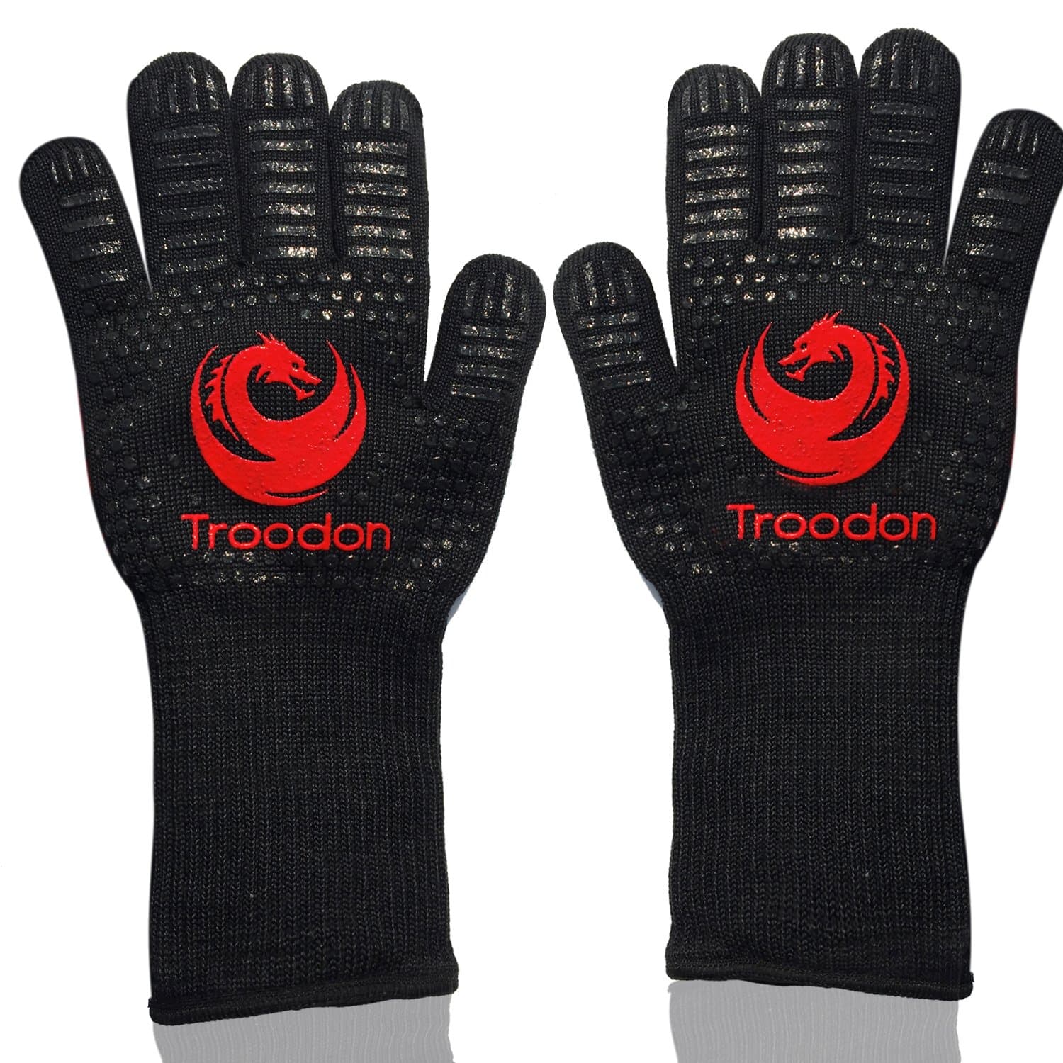 Troodon BBQ Grilling Gloves, Extreme 932 °F/500°C Heat Resistant No-slip Silicone Grip Oven Mitts Camping Gloves 34cm Long Cut Resistant Forearm Protection(1 Pair)