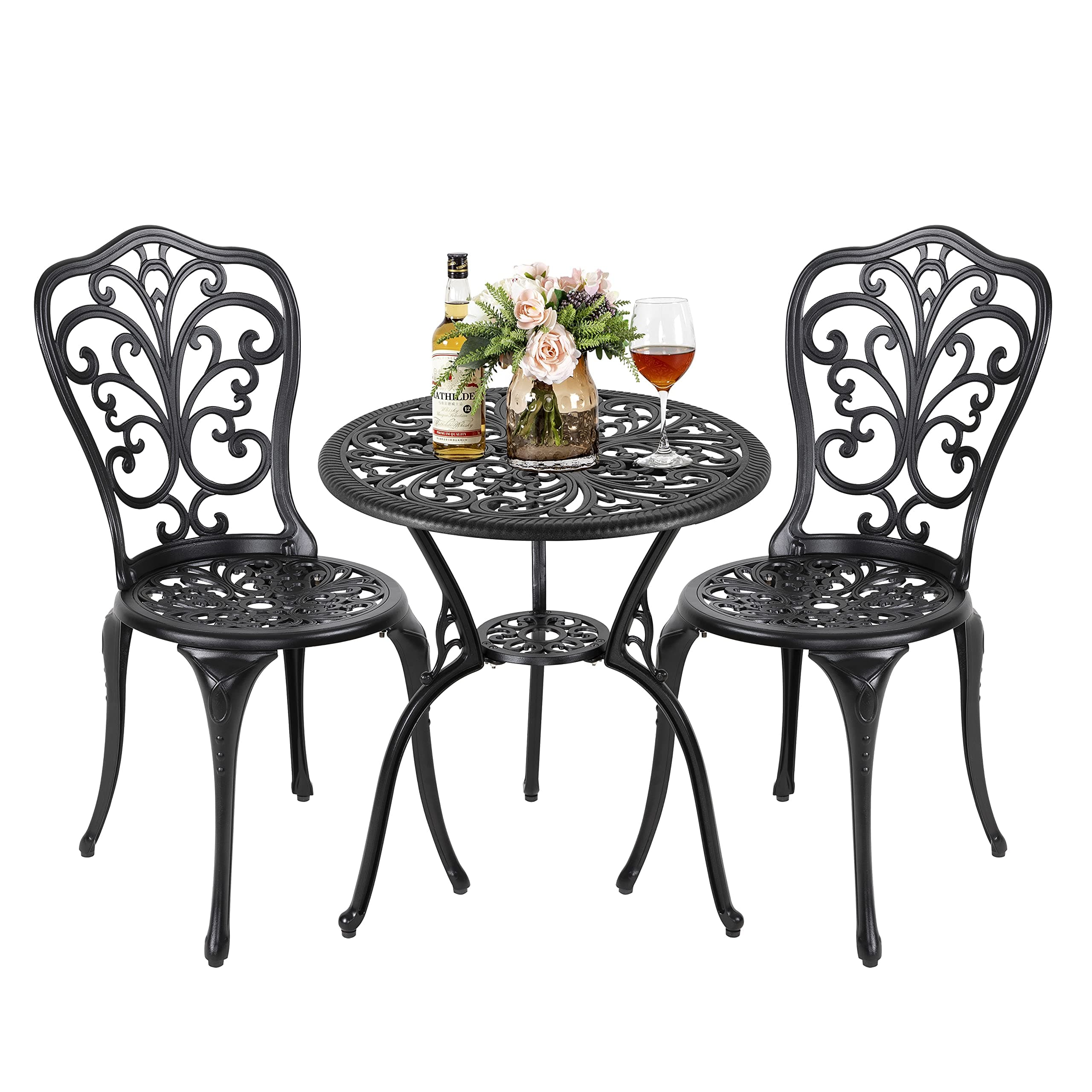 NUU GARDEN 3 Piece Outdoor Bistro Table Set, All Weather Cast Aluminum Patio Bistro Sets Patio Table and Chairs Set of 2 with Umbrella Hole for Yard, Garden, Balcony, Black