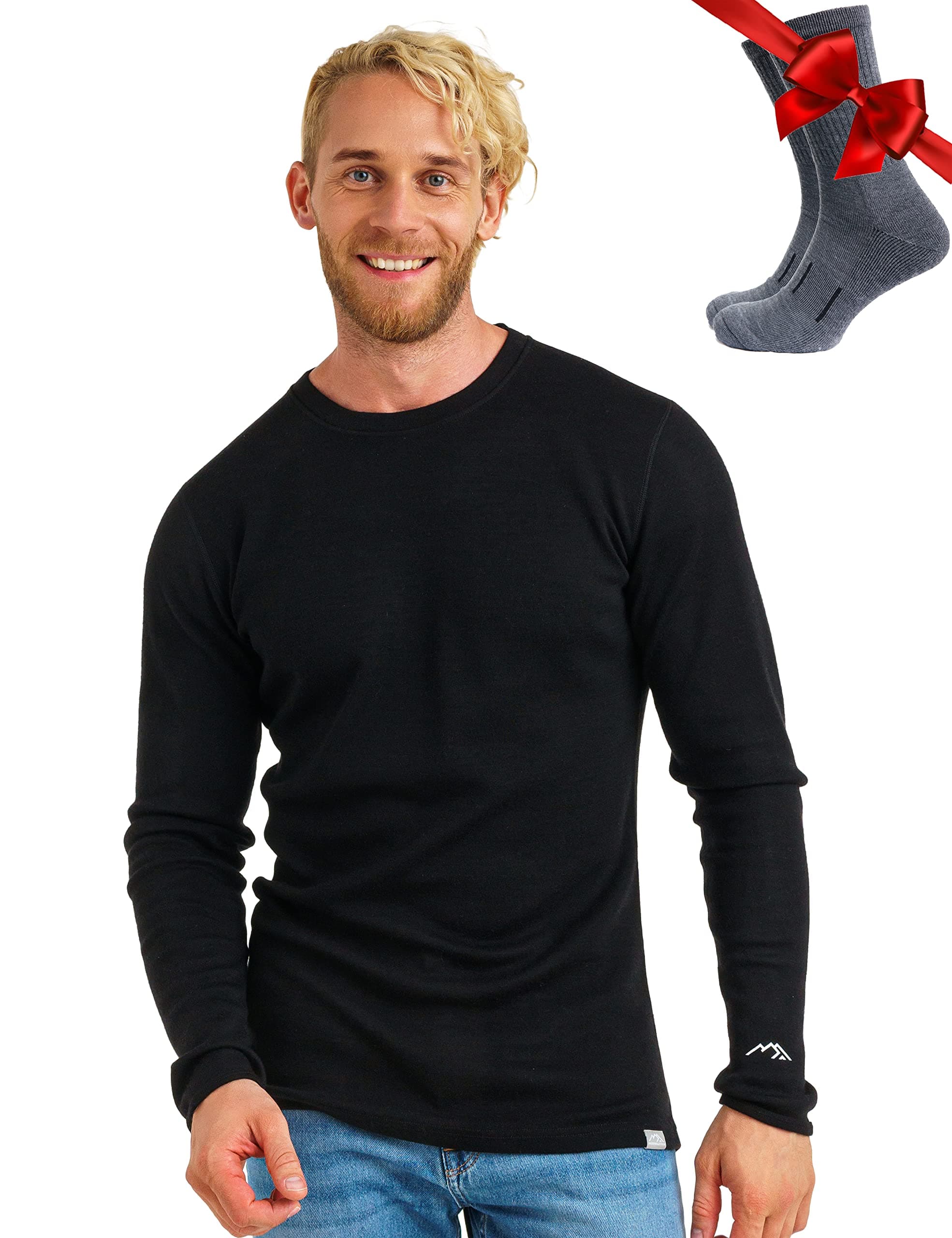 Merino Wool Base Layer - Mens 100% Merino Wool Long Sleeve Thermal Shirts Heavyweight, Midweight, Lite with Socks