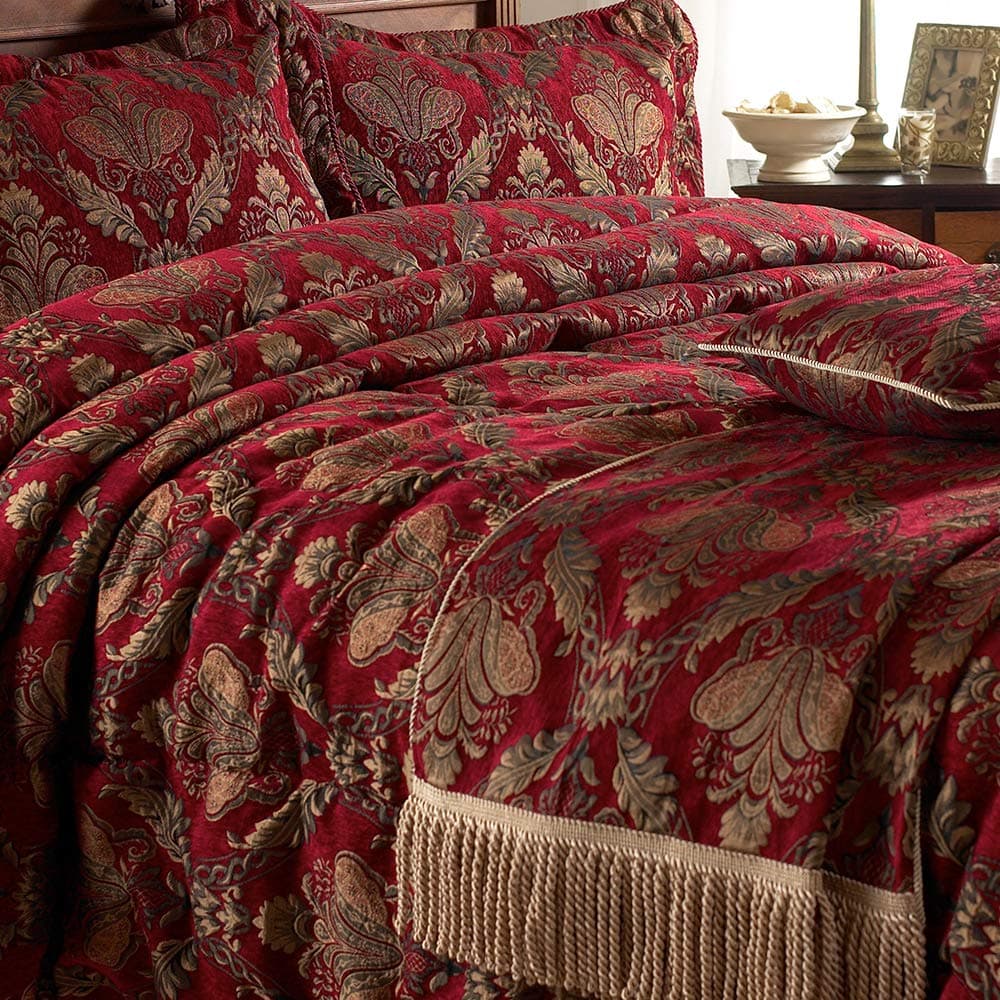 Paoletti Shiraz Throw Bed Runner – Embroidered Damask Jacquard Burgundy Gold (Burgundy Red – 130 x 170 cm)
