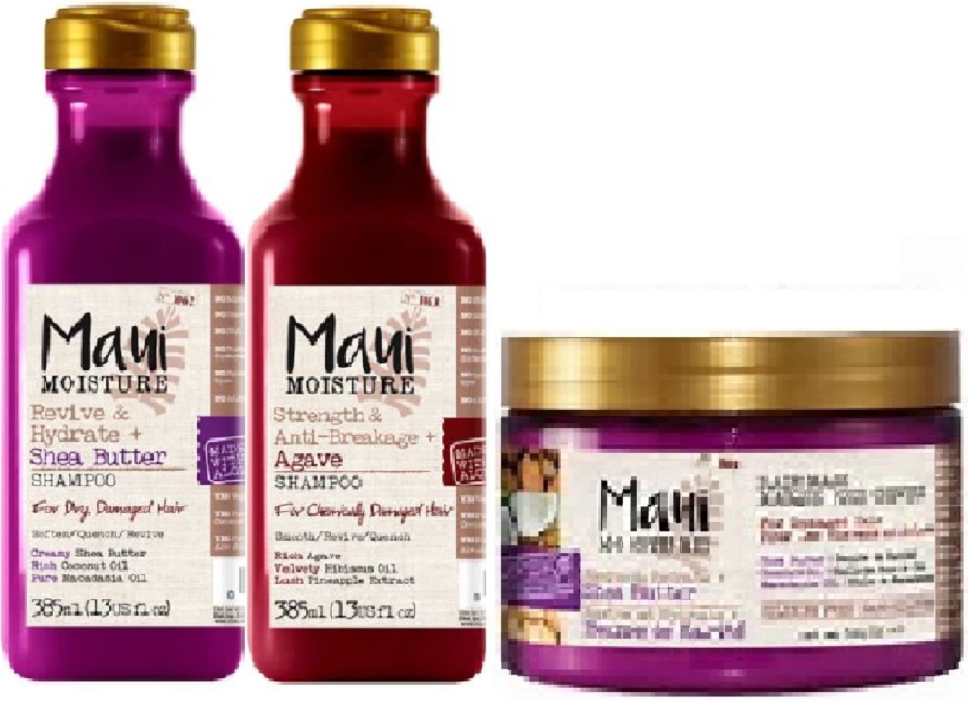 (3 PACK) Maui Moisture Revive & Hydrate Shea Butter SHAMPOO x 385ml Maui Moisture Strength & Anti-Breakage Agave SHAMPOO x 385ml & Maui Moisture Revive & Hydrate Shea Butter HAIR MASK x 340g