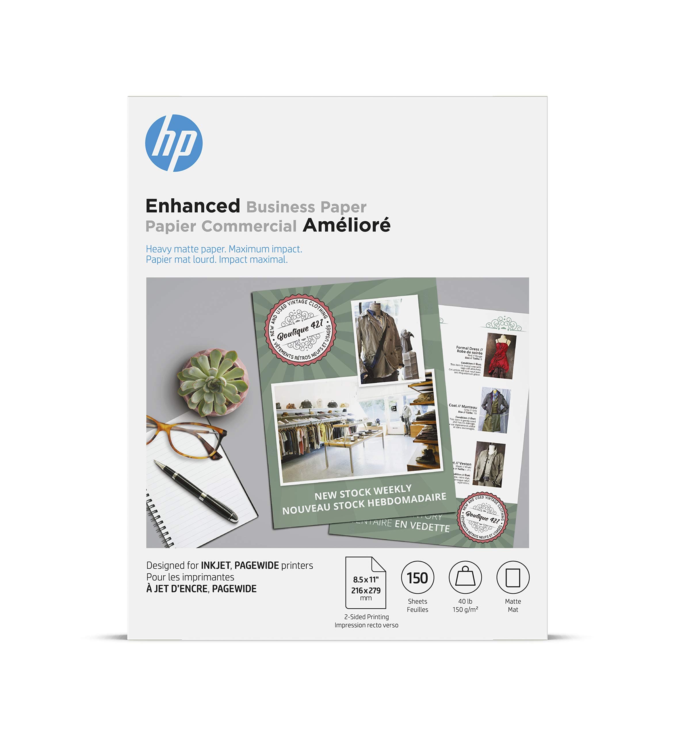 HP Enhanced Business Paper, Matte, 8.5x11 in, 40 lb, 150 sheets, works with inkjet and PageWide printers (9ZE20A)