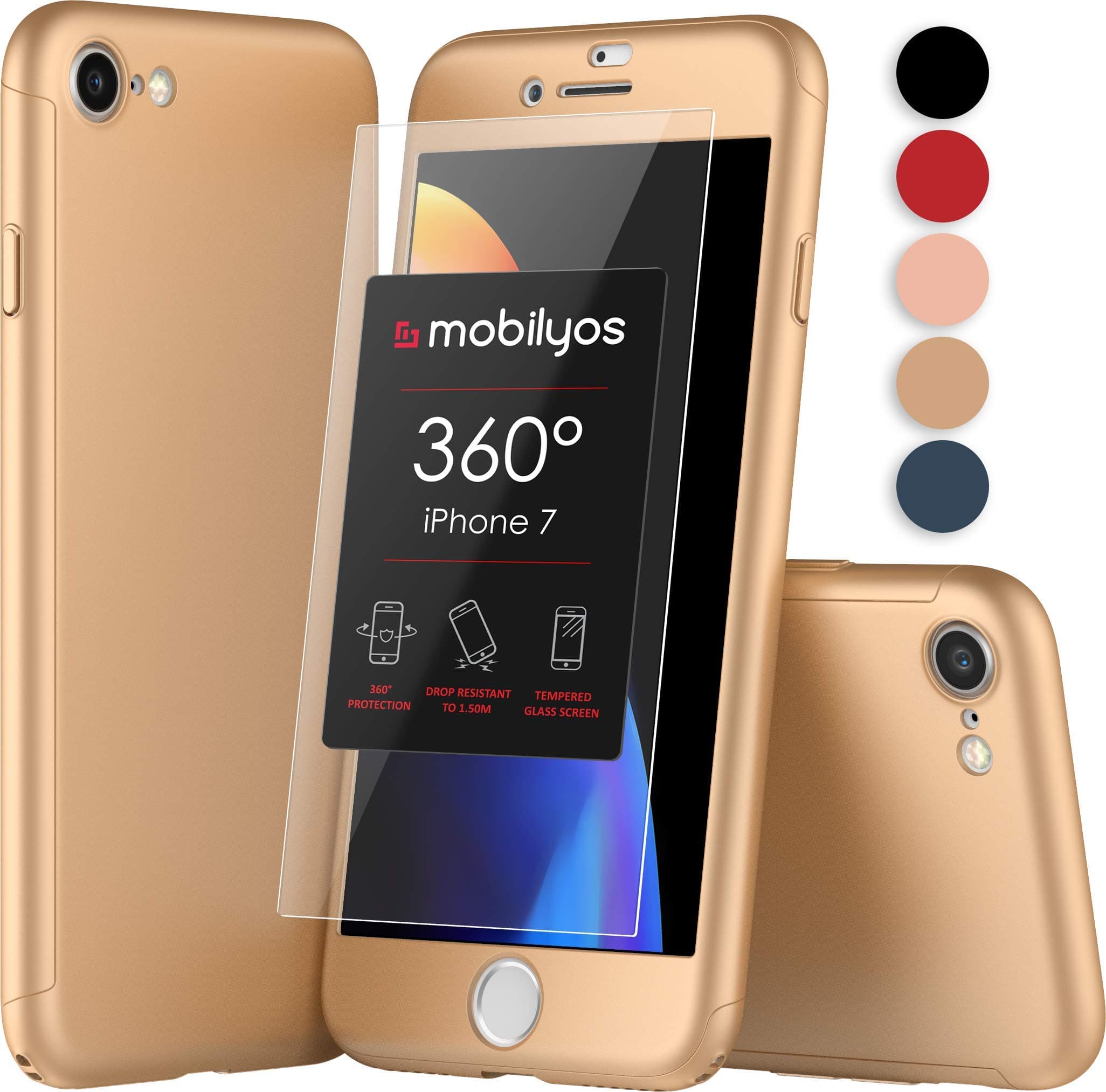 360 iPhone 7 Case - Ultra-Thin Full Body Protective Cover for iPhone 7 with Tempered Glass Screen Protector – Hard and Slim Fit Case for Apple iPhone 7 (Gold)
