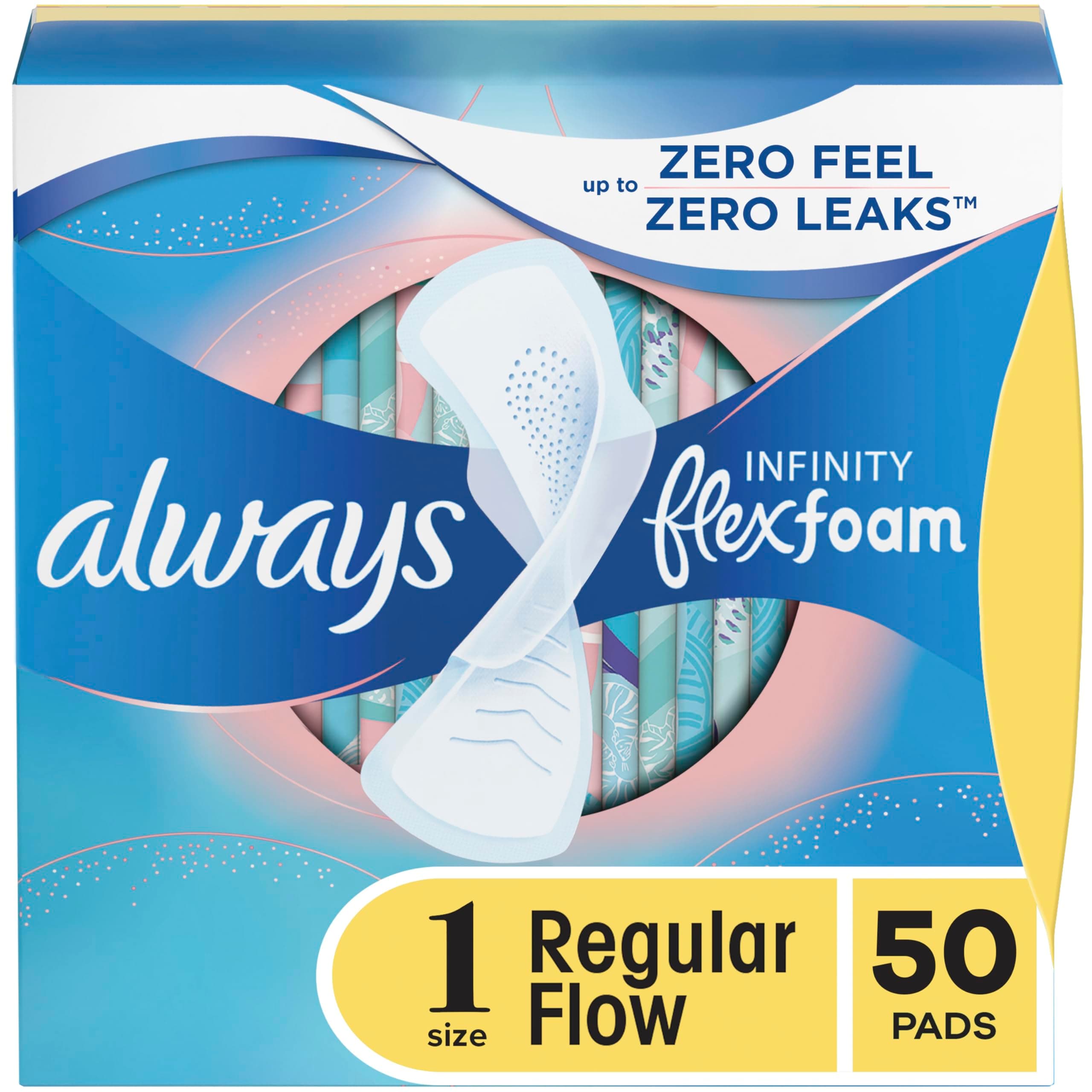 Infinity Size 1 Feminine Pads with Wings, Regular Absorbency, Unscented, 50 Count (Packaging May Vary)
