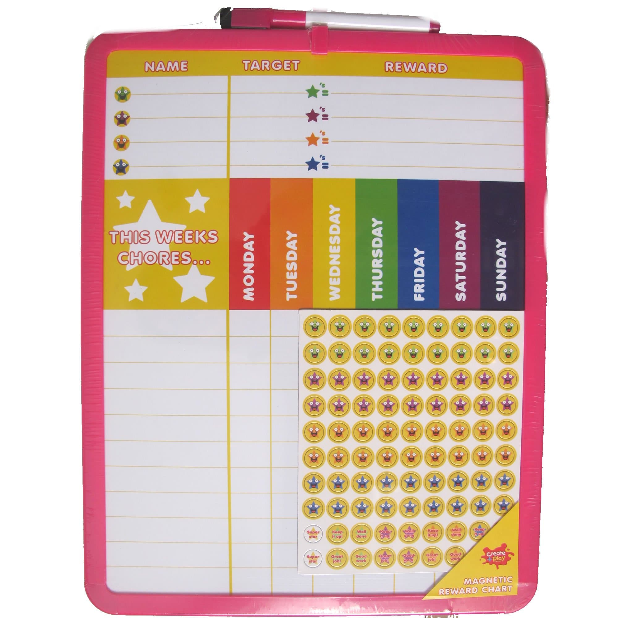 Reward Chart Supplied with Magnetic & 3M Pads, Stickers and Dry Marker (28 x 36 cm) Pink